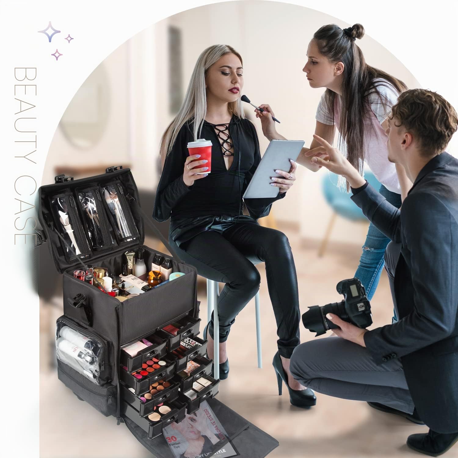 Valigetta per il trucco con ruote omnidirezionali 2 in 1 con lato morbido professionale, valigetta per il trucco con ruote, organizer per cosmetici con cassetti,Nero