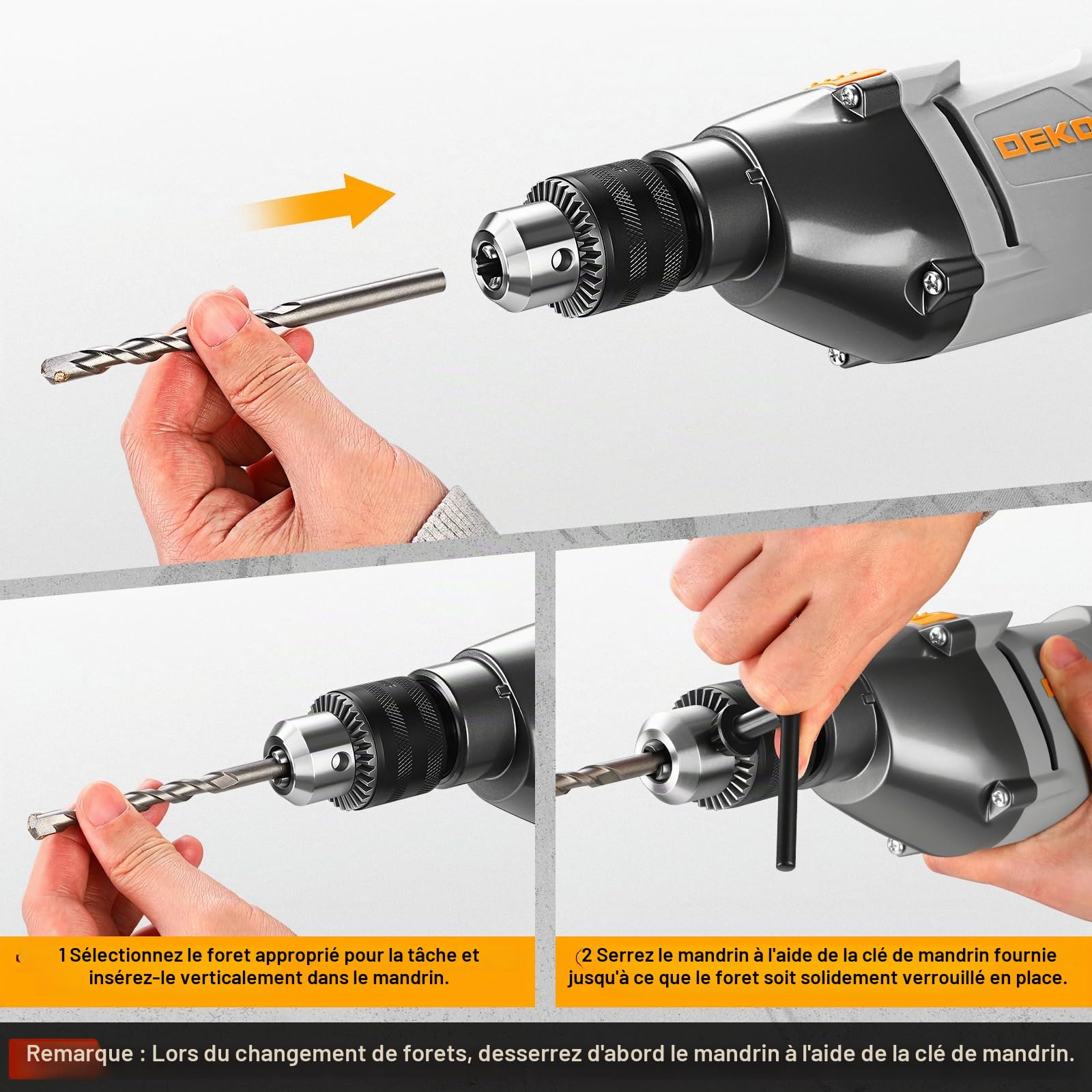 DEKOPRO Perceuse à Percussion Filaire 950W, Perceuse 2-en-1 6 Vitesses, 2800 RPM, 48,000 BPM, Mandrin Métallique 13mm, 12 Mèches (Diamètre de Perçage Dans l'Acier/le Bois/la Maçonnerie : 13/30/12 mm)