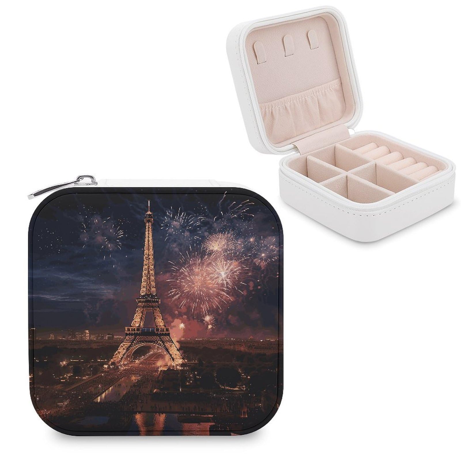 VstaDank Eiffel Tower Fireworks Jewelry Box Portable Mini Travel Case Display Storage Holder Boxes PU Leather Small Jewelry Organizer for Women for Stud Earrings Rings Necklaces Bracelets