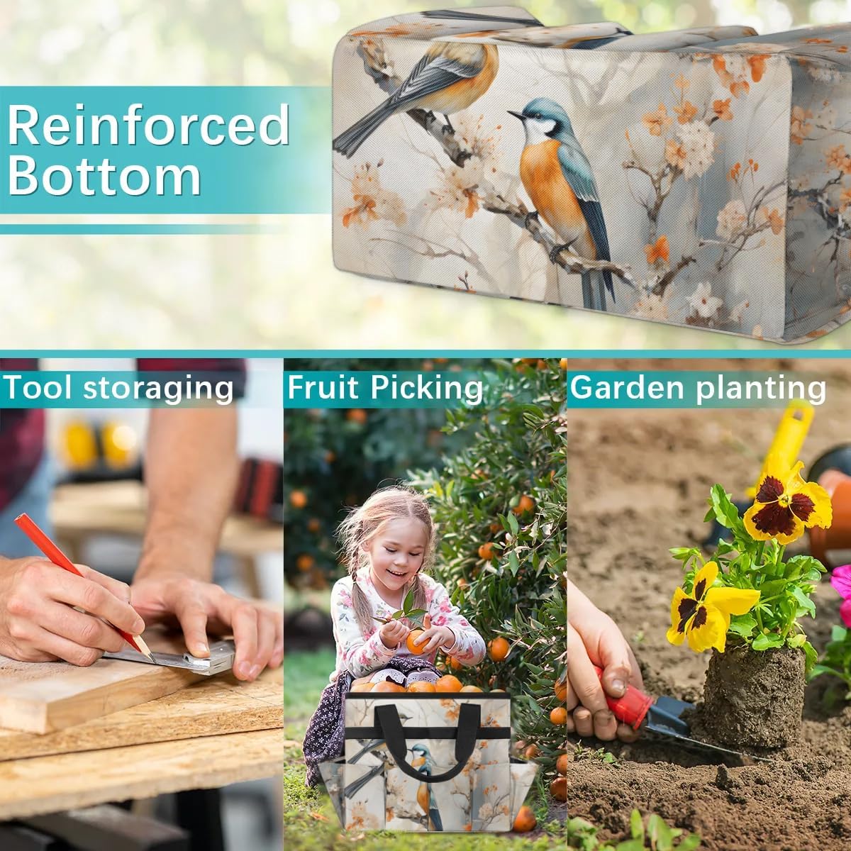 Garden Tool Bag Organizer Garden Tote Bag with Pockets Birds Art Painting Tool Storage Organizer Gardening Tool Kit Holder 13" x 6.8" x 2.8"
