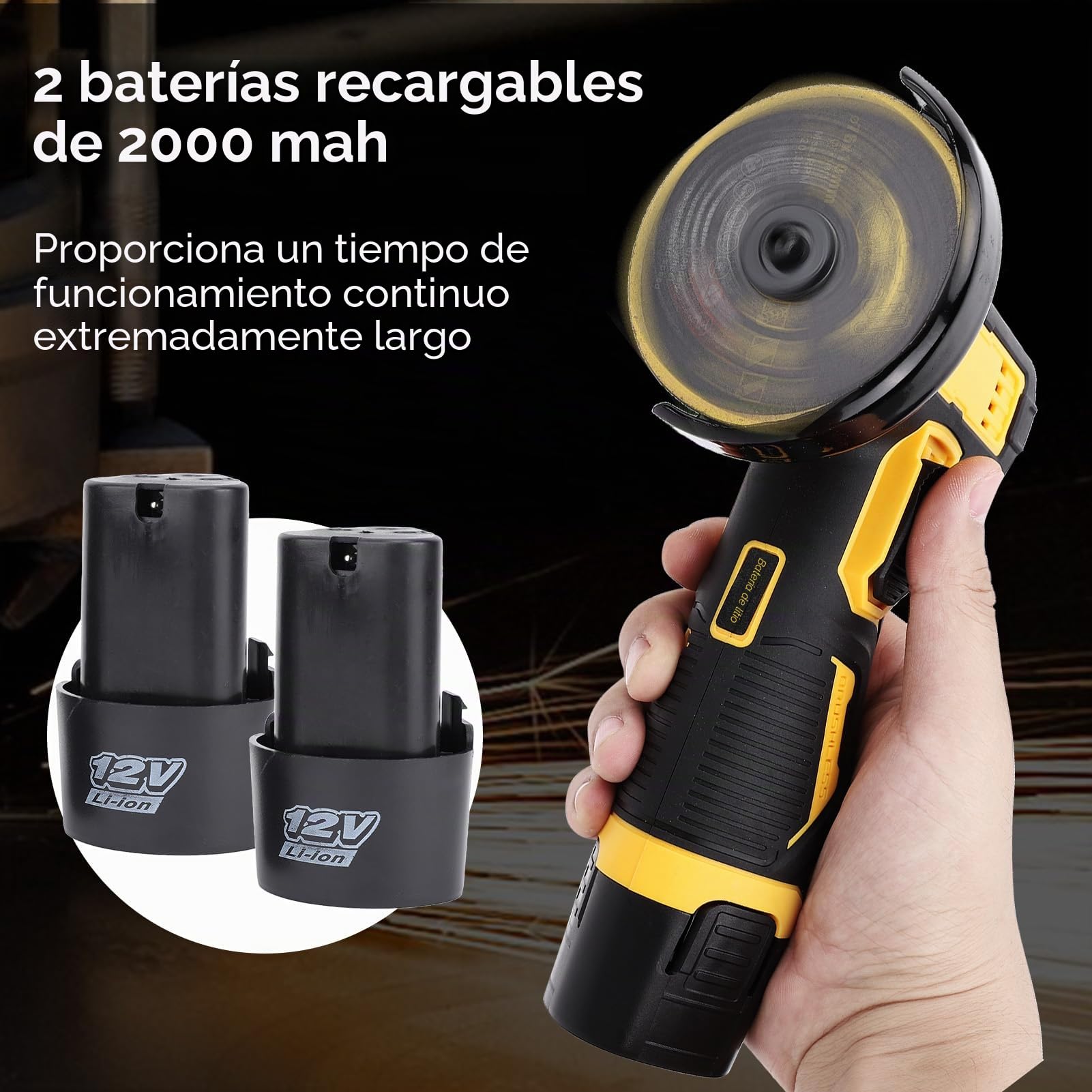 Mini Amoladora Angular, Mulcort Herramienta de corte y pulido de ángulo manual, con 2 baterías recargables, cortador de azulejos multifuncional con 6 discos para ladrillo, madera, acero, piedra