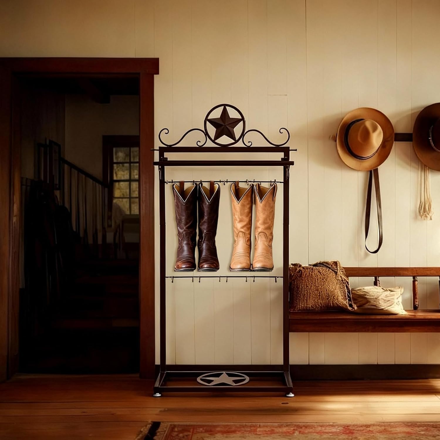 Novabright Metal Star Boot Rack Vertical Cowboy Boot Rack Storage Rustic Western Space-saving Organizer Shelf for Tall Boots Hats Belts and Accessories, 49 x 25.5 x 11 Inch, Brown - Image 5