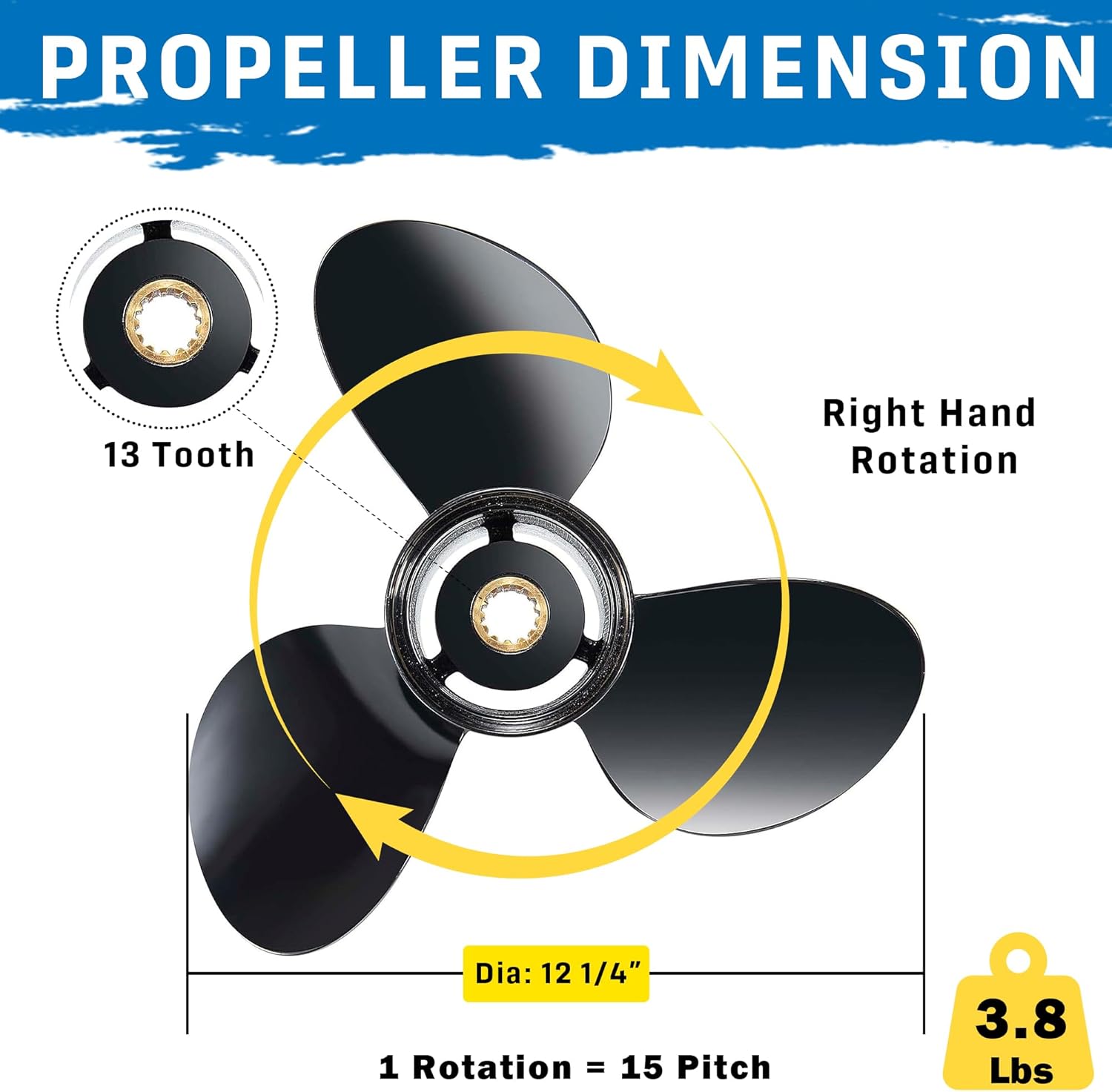 12 1/4x15 Upgrade Aluminum Outboard Boat Propeller for BRP Johnson Evinrude OMC Stern Drive 40-75hp 13 Spline Tooth Replace OEM 778774 12.25Dia x 15Pitch Prop RH