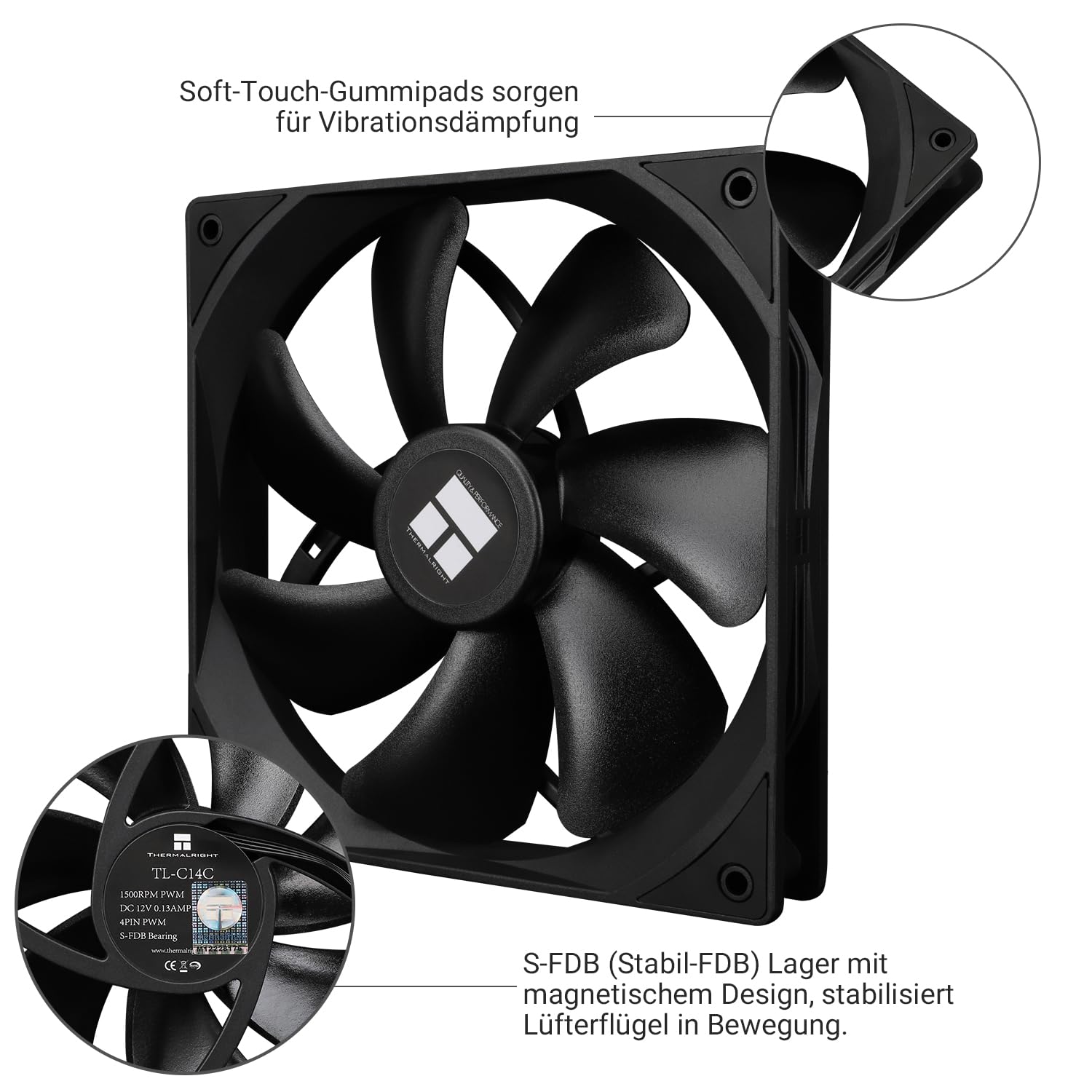 Thermalright Ventola CPU TL-C14C da 140 mm, ventola silenziosa per PC PWM a 4 pin con cuscinetto S-FDB incluso, fino a 1500 giri/min, ventola PC (nero)