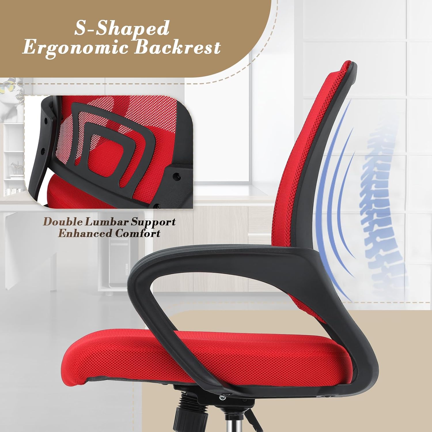 Athena Collection Computer Office Chair, Ergonomic Desk Chair with Rolling Wheels, Mesh Back Support and Height Adjustable, Small and Comfy for Home Office, Study, Red