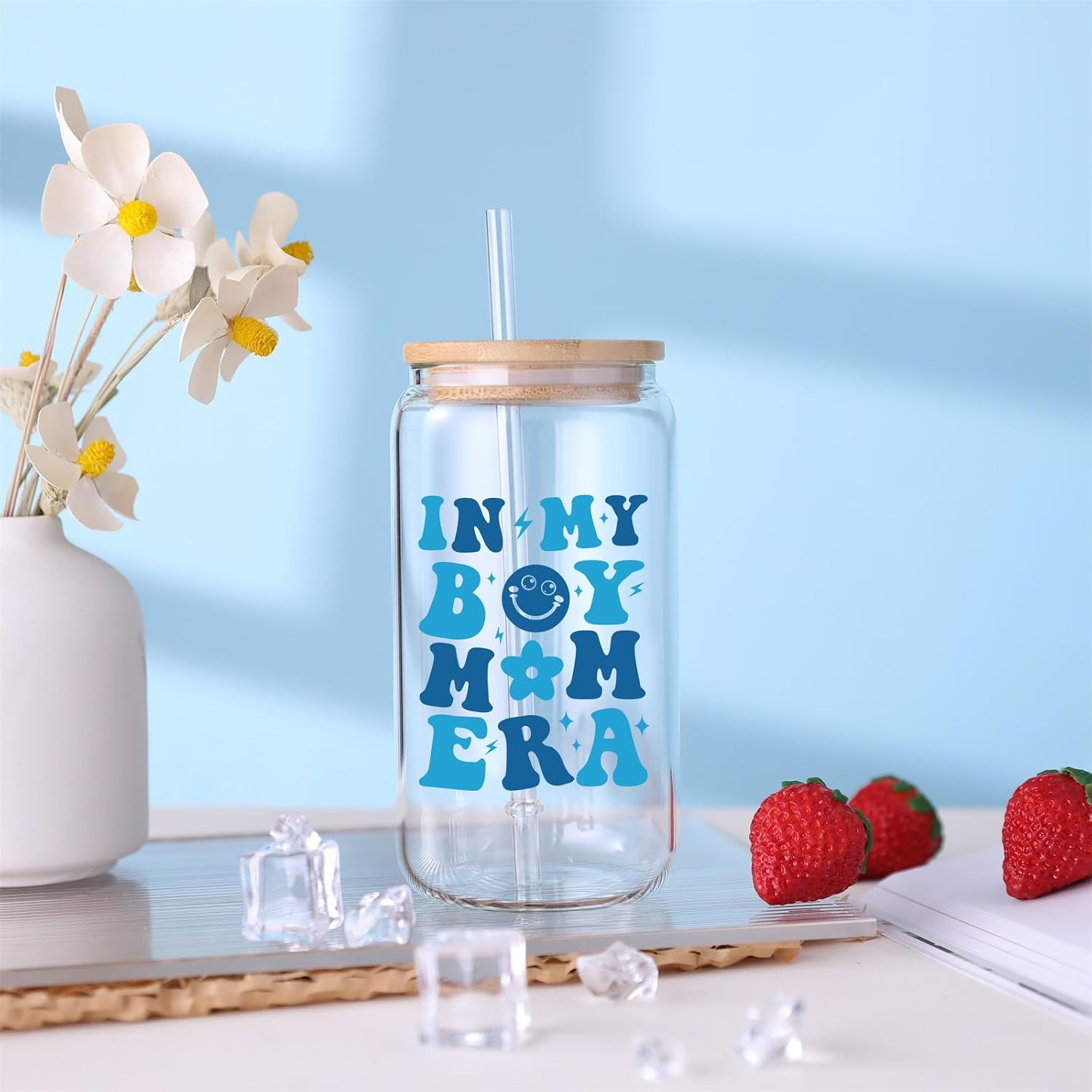 Boy Mom Gifts In My Boy Mom Era 16 oz Iced Coffee Glass with Lid and Straw First Mothers Day Gift for New Moms, Mother, Mama New Moms Gifts