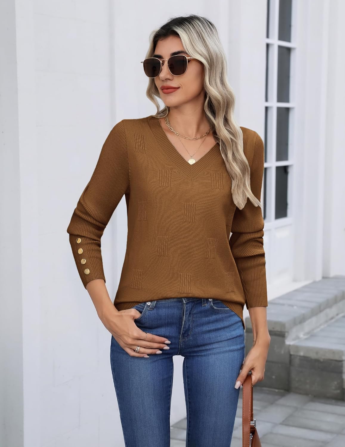 Zeagoo Womens V Neck Sweaters Shirts Long Sleeve Lightweight Ribbed Knit Pullover Sweater Blouse Tops with Buttons Oufits - Image 2