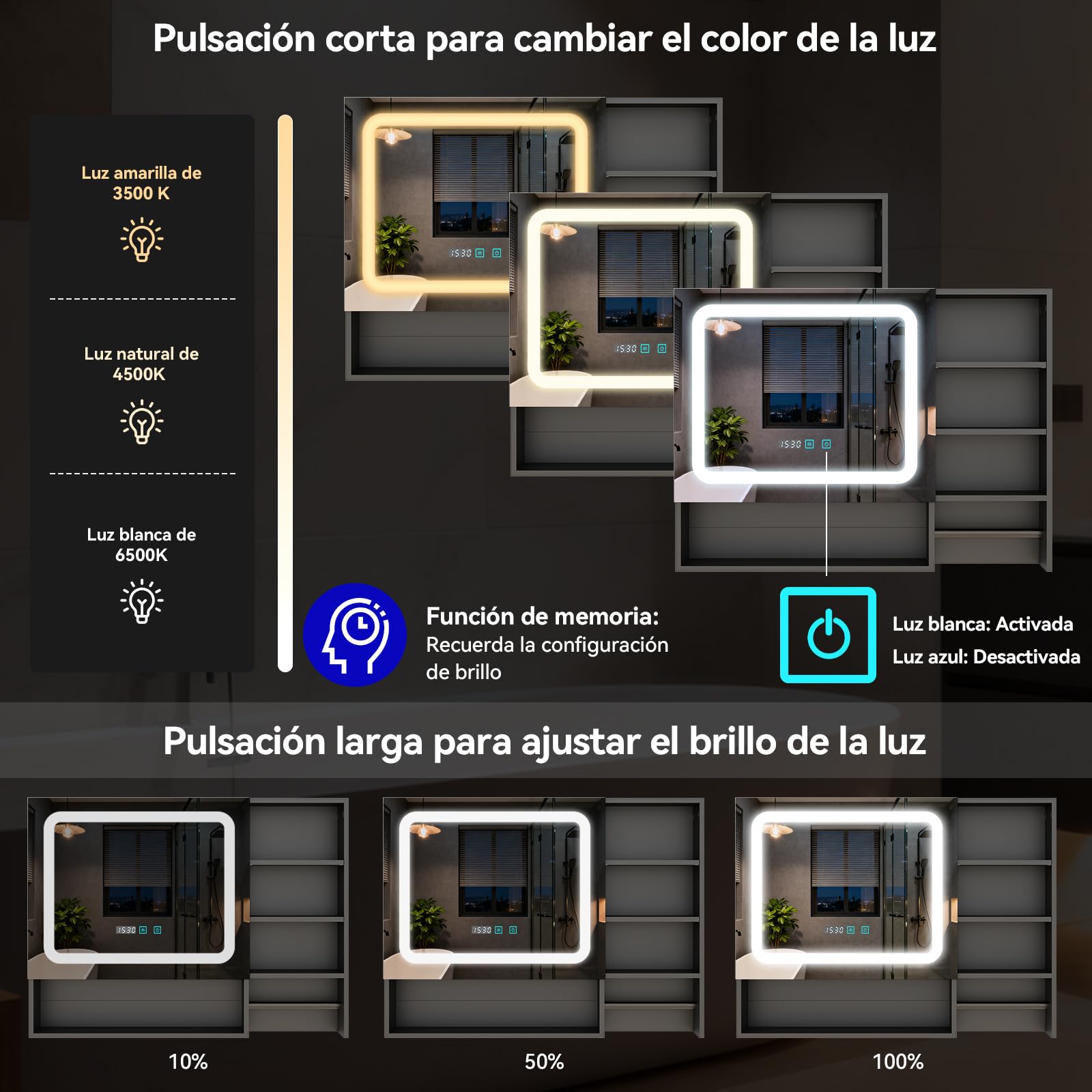 YU YUSING Armario Baño con Espejo y Luz LED 80x14x60 cm con Toallero, 3 Estantes Ajustables, 3 Modos de Luz, Negro