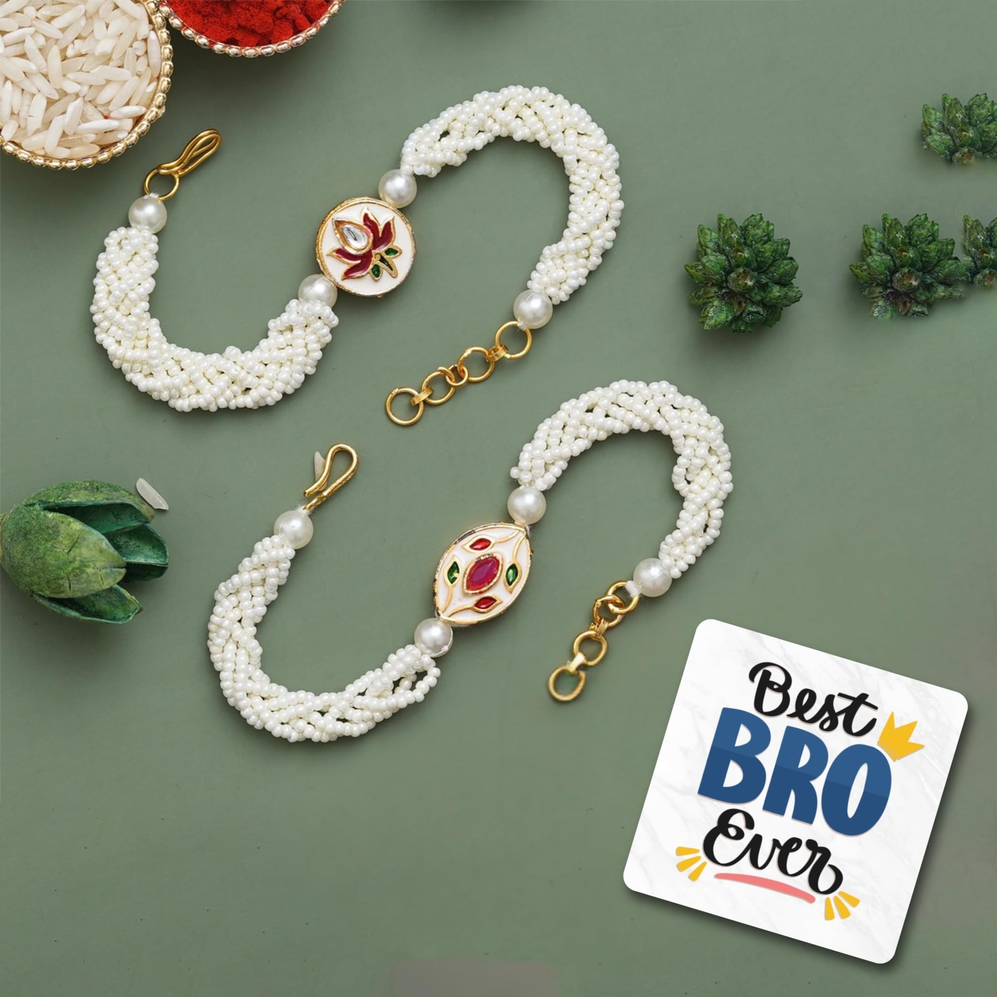 eCraftIndia Pearl Designer Rakhi for Brother with Best Bro Ever Fridge Magnet and Roli Chawal Pack-image-33