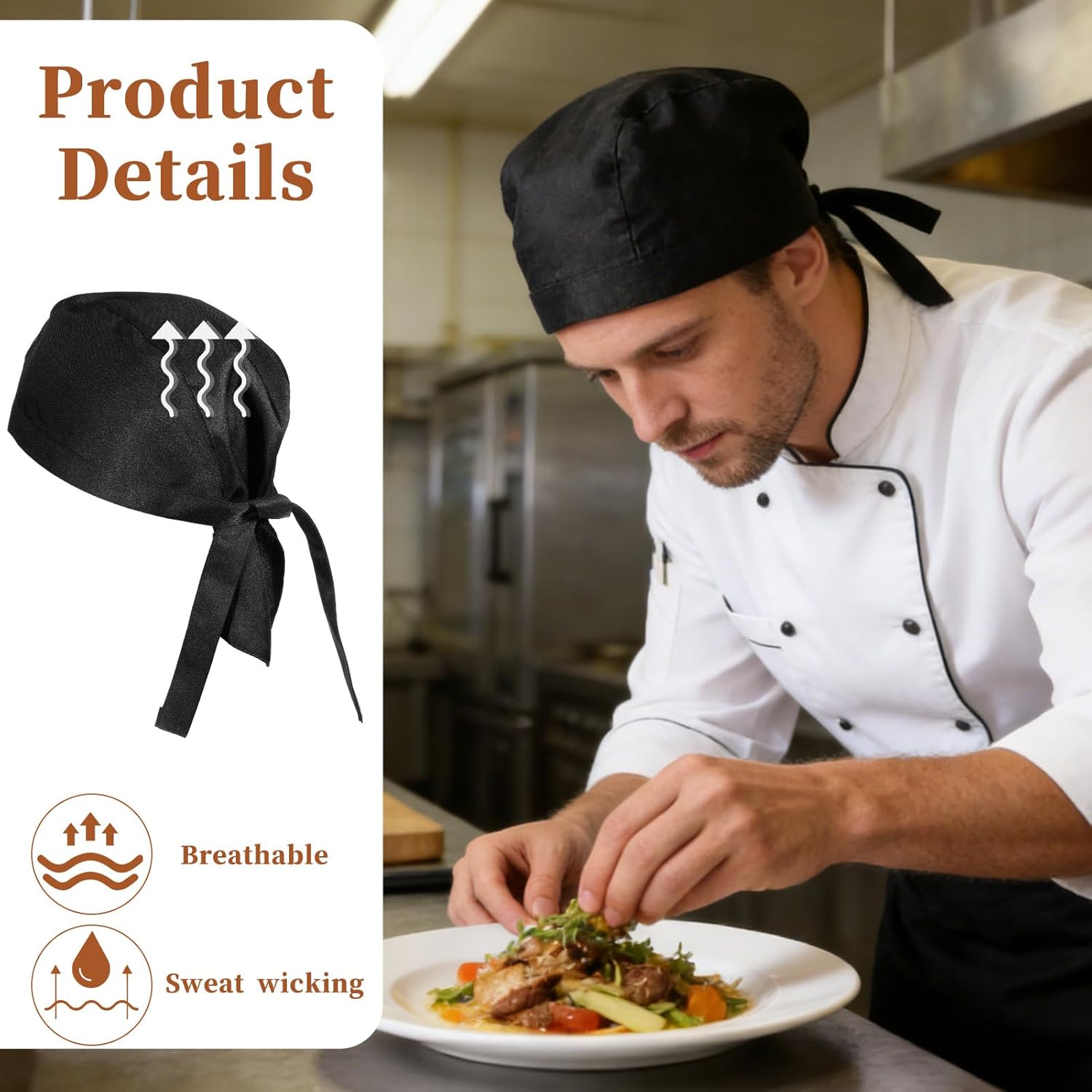 TIESOME 4 Pcs Kitchen Hat, Adjustable Chef Hat Bandana, Elastic Back Skull Caps with Ties, One Size Fits All Adults, Chef Hats for Men & Women, Kitchen Cooking Service - Image 3