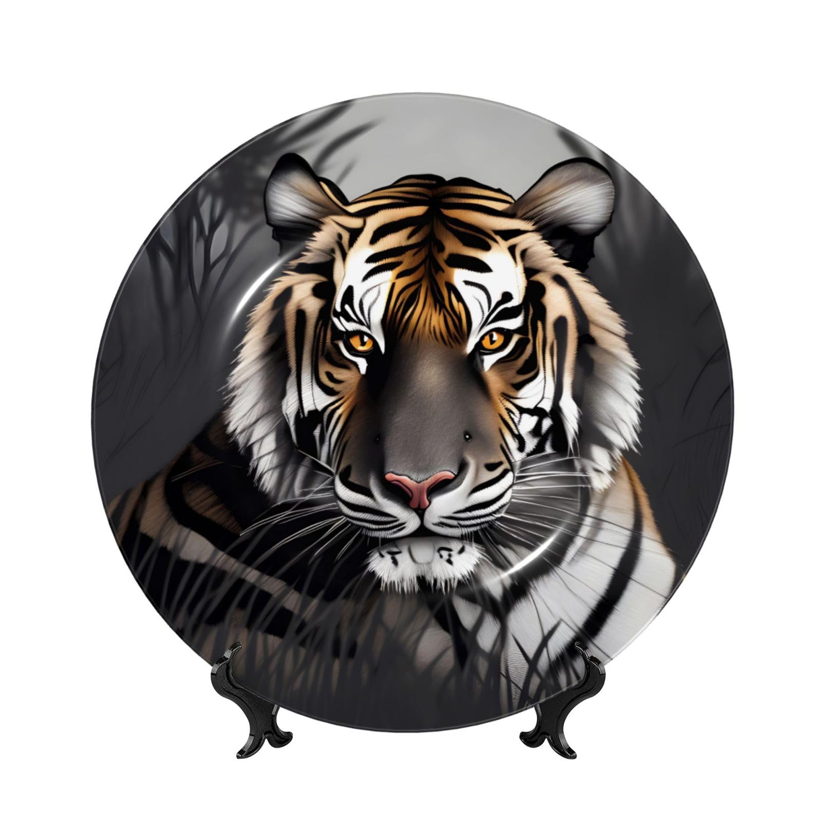SXZVVBN Tiger at rest Bone China Decorative Plate Art with Stand Removable Adhesive Hanging for Home Office 10in（25cm）