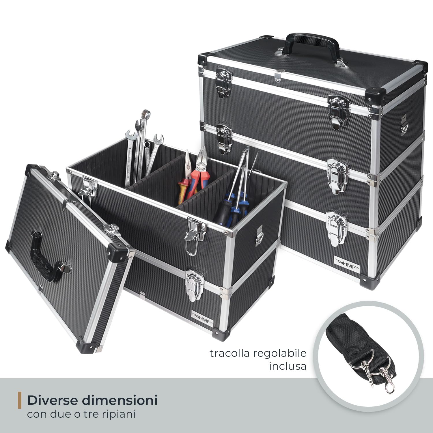HMF 14660-02 Cassetta degli attrezzi vuota in alluminio, 3 ripiani, 44 x 45 x 24 cm, nero