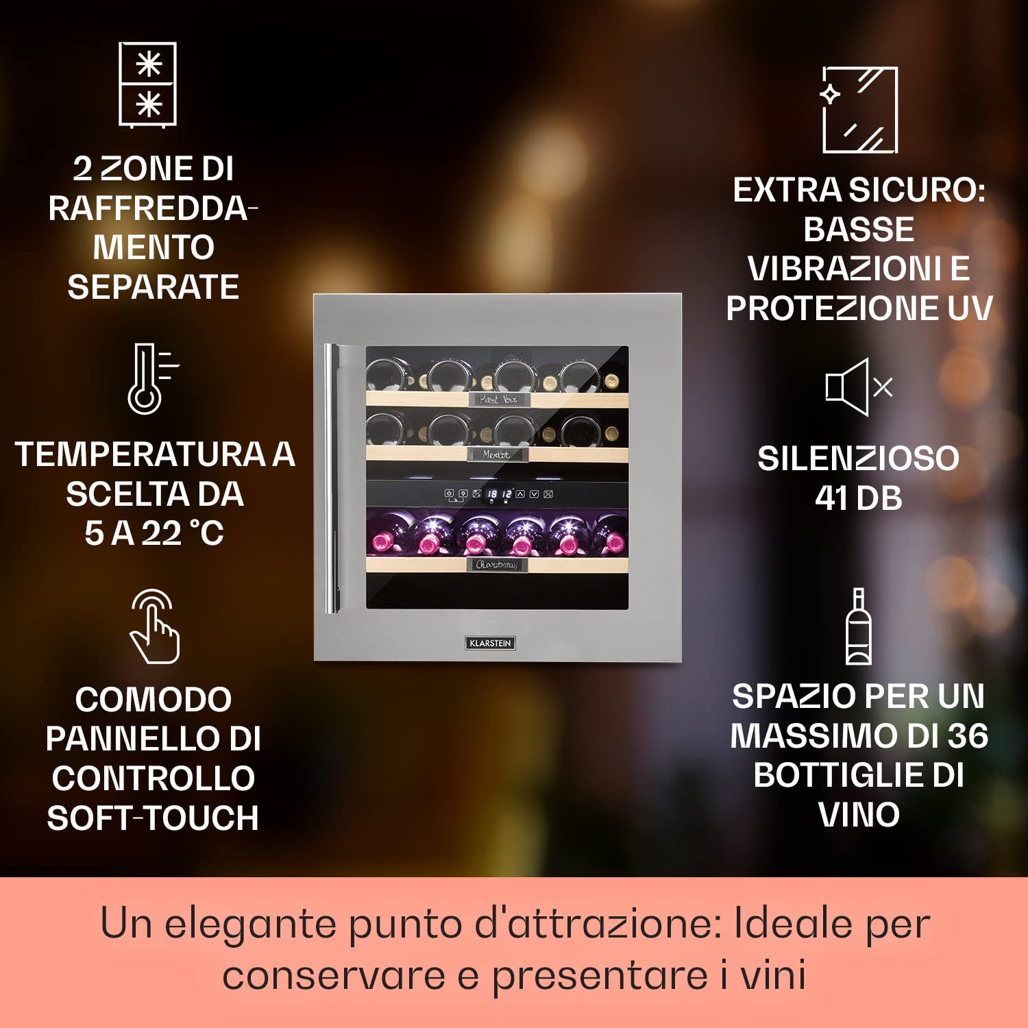 KLARSTEIN Cantinetta Vino Design, Cantinetta Vino Refrigerata a Zona Doppia per Vino Rosso, Bianco e Birra, Controlli Touch, Frigo Vino Cantinetta per Esterno/Interno, 5-22°C, 85L, 36 Bottiglie