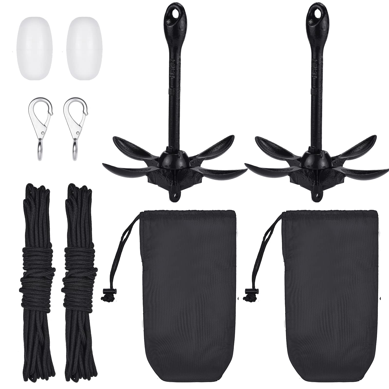 Ganggend Kayak Anchor Kit, 3.5lbs Portable Folding Boat Anchor Kit with 40 ft Rope, 2200lbs Load Capacity Paddle Board Anchor for Canoes Fishing Kayaks Small Boat, Black 2 Piece