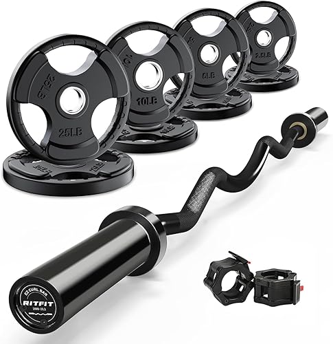 RitFit Barra de rizo EZ de 2 pulgadas con pesas, barra olímpica de capacidad de 350 libras para bíceps y tríceps, entrenamiento de fuerza de