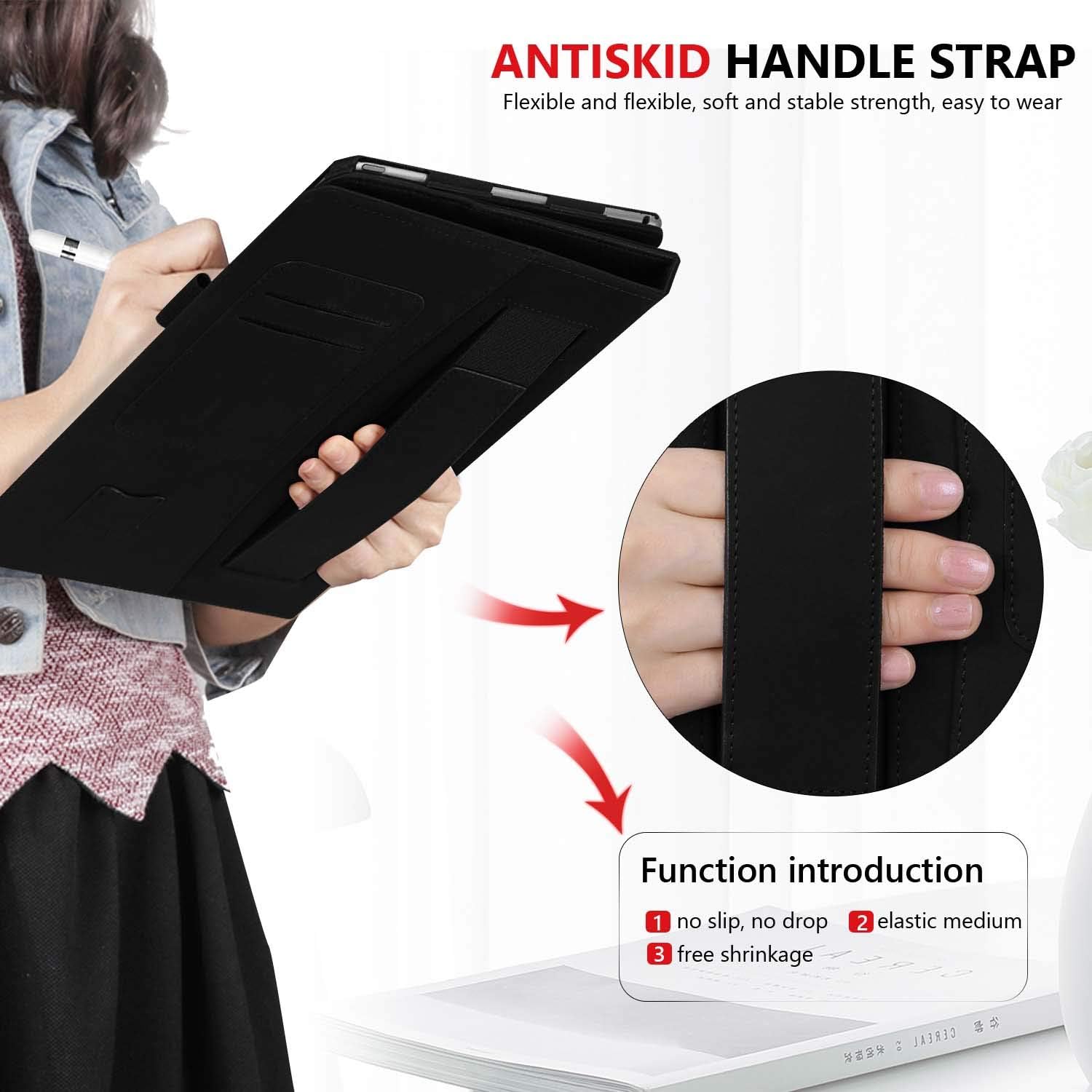 FYY Leather Case with Apple Pencil Holder for iPad Air 1/2, iPad 9.7 2017/2018 - Folio Stand Protective Case Smart Cover with Hand Strap Card Slots for Apple iPad Air 1/2 /iPad 9.7 2017/2018 Black