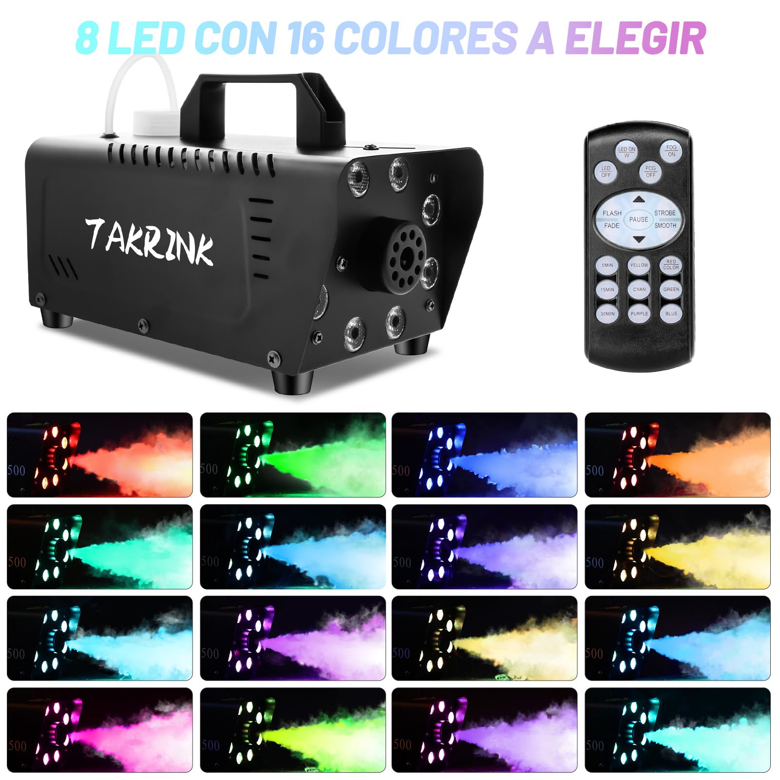 TAKRINK 900W Máquina de Humo Automática con 8 LED 16 Colores RGB Máquina de Niebla con Remoto Inalámbrico Fog Machine Portátil para Fiesta Escenario Discoteca DJ Club Boda