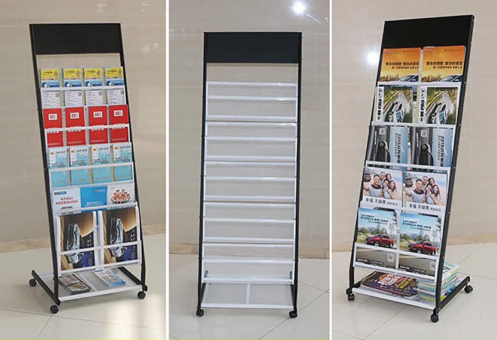Soporte Alto de Suelo para folletos, de Metal Negro - Revistero con Ruedas para Oficina o Centro Comercial, estantería para Libros, archivador para bibliotecas