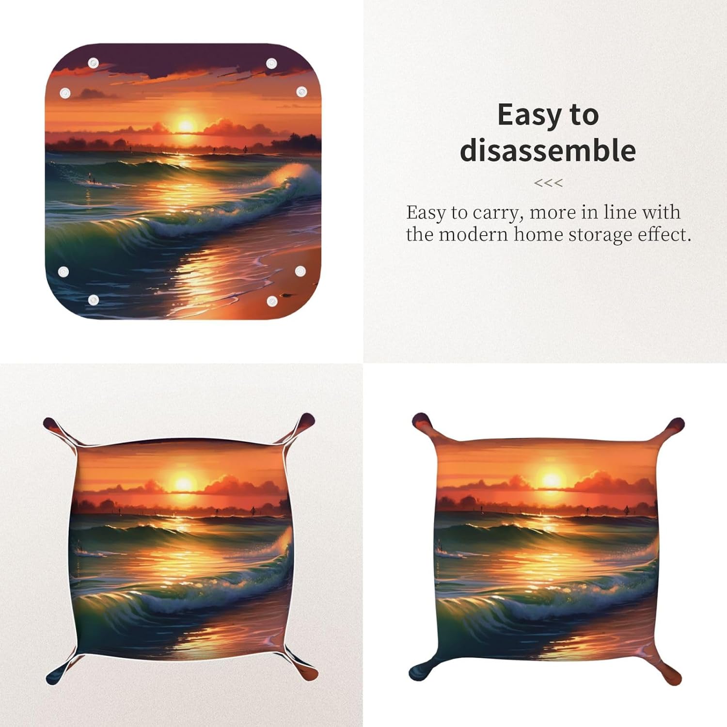 PU Leather Jewelry Valet Tray for Men Women, Elegant Desktop Storage Organizer, Portable Travel Storage Dish Plate Sunset Seaside Nightstand Storage Box for Key Phone Wallet Small image 3