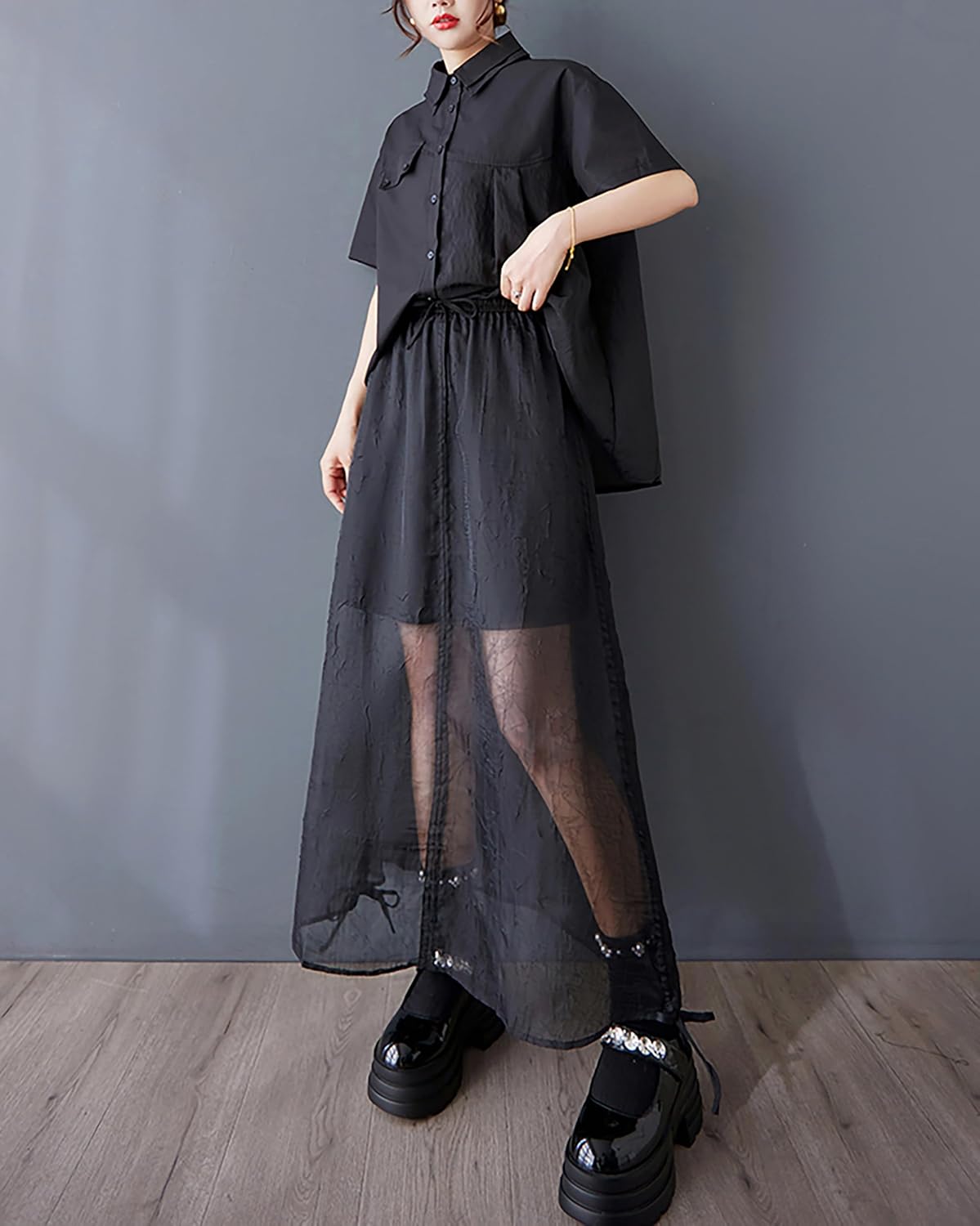 ellazhu Women's Shirt Lapel Short Sleeve Button Down Solid Color Irregular Hem Asymmetrical Cut GZ479 - Image 5