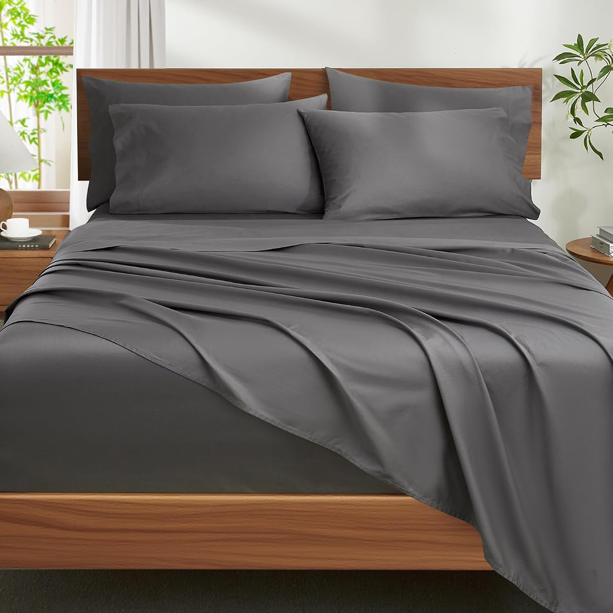 Ivellow 100% Egyptian Cotton Sheets Queen Size Set - 1200 Thread Count 6 PC | 18" Deep Pocket Queen Size Bed Sheet Set，Luxury Soft Breathable Grey Cooling Sheet Sets Durable Hotel Quality Bedding