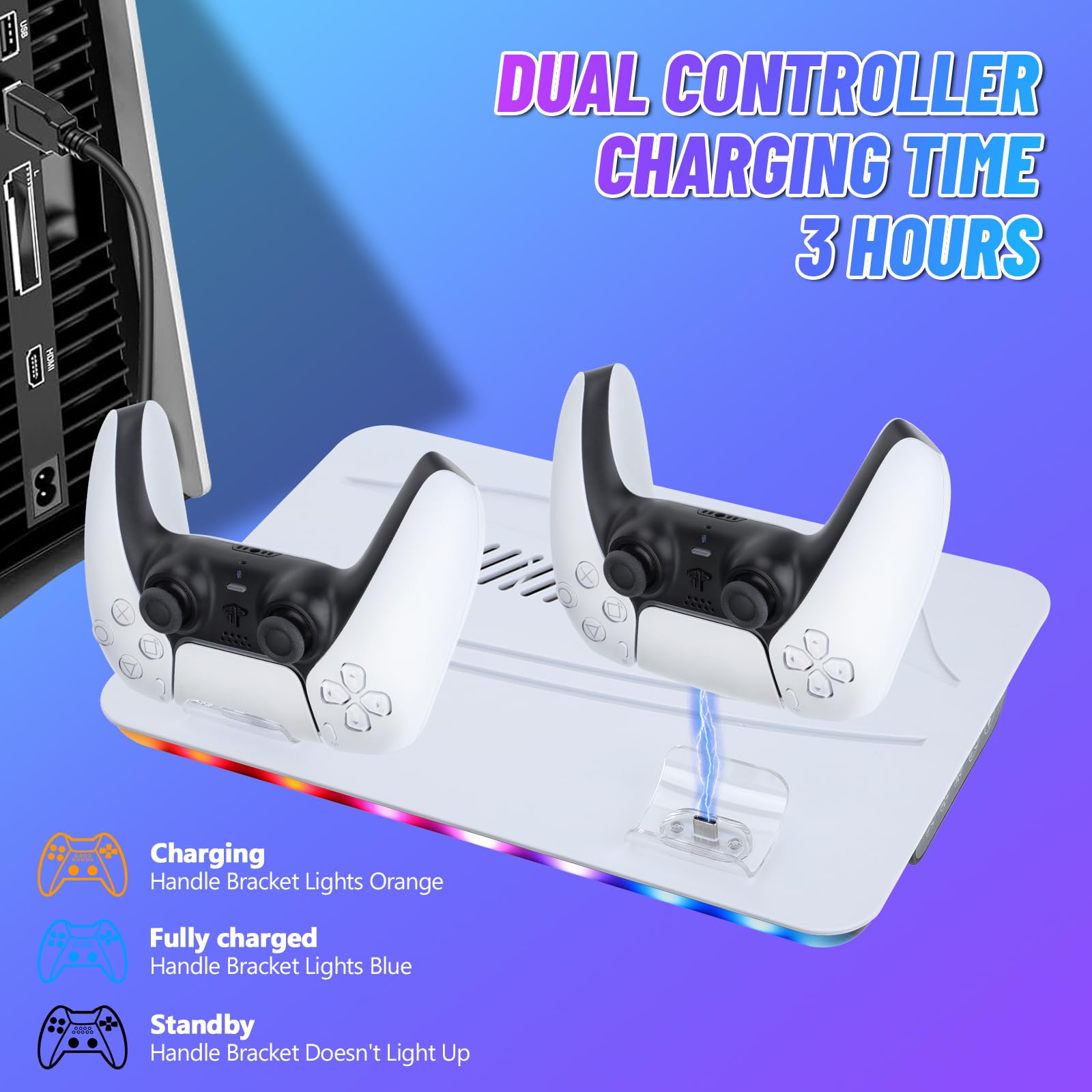 Supporto Verticale con Raffreddamento per PS5/PS5 Pro/PS5 Slim: Base di Ricarica con Doppio Caricatore, 3 Porte USB, Ventola a 3 Velocità e Luci RGB, Accessorio per PS5/PS5 Slim Pro