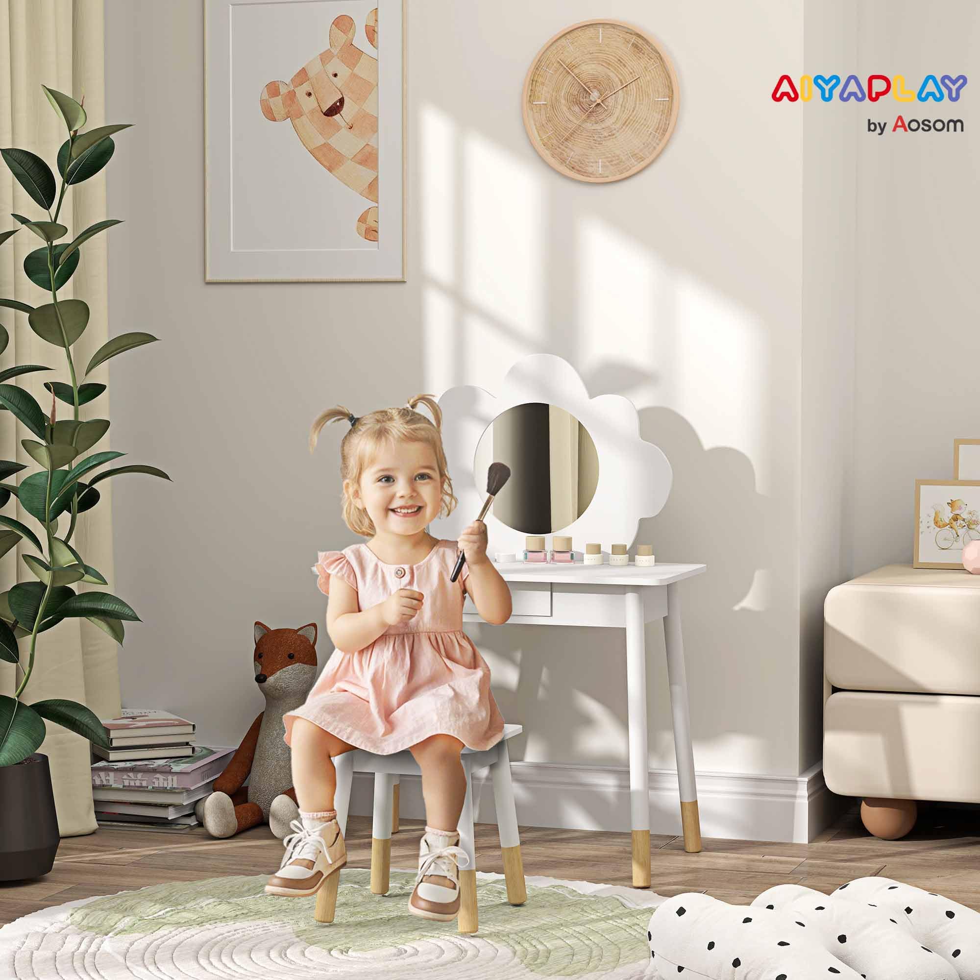 AIYAPLAY Set da Trucco per Bambine 3-6 Anni con Sgabello da Trucco, Tavolo Toeletta con Specchio a Nuvola e Cassetto Portaoggetti in Legno, Bianco