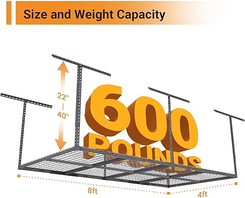 Miniatura 9 de Estante de almacenamiento de garaje de 4 x 8 pies, estante de almacenamiento de techo de metal resistente, de techo ajustable de 22 a 40 pulgadas,