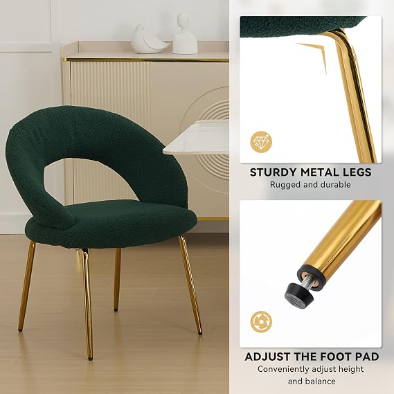 FOXHUNTER Modern Sherpa Dining Chairs, Teddy, Green | Arm Chair With Adjustable Foot Nails, Curved Backrest, Golden Metal Legs, for Kitchen Dining Living Room