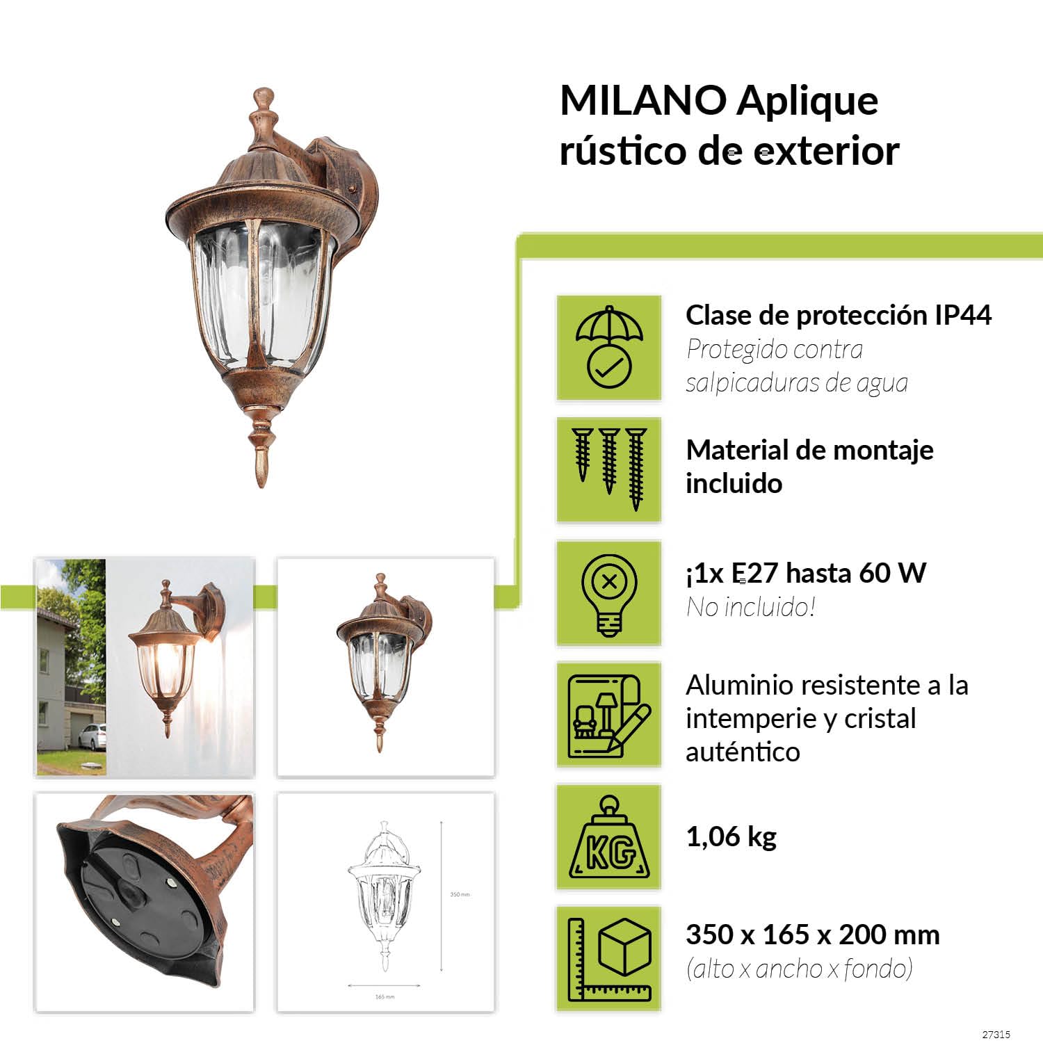 Licht-Erlebnisse MILANO Aplique exterior rústico de estilo campestre en color cobre antiguo IP44 Lámpara de pared E27 Farol ideal para Patio Jardín
