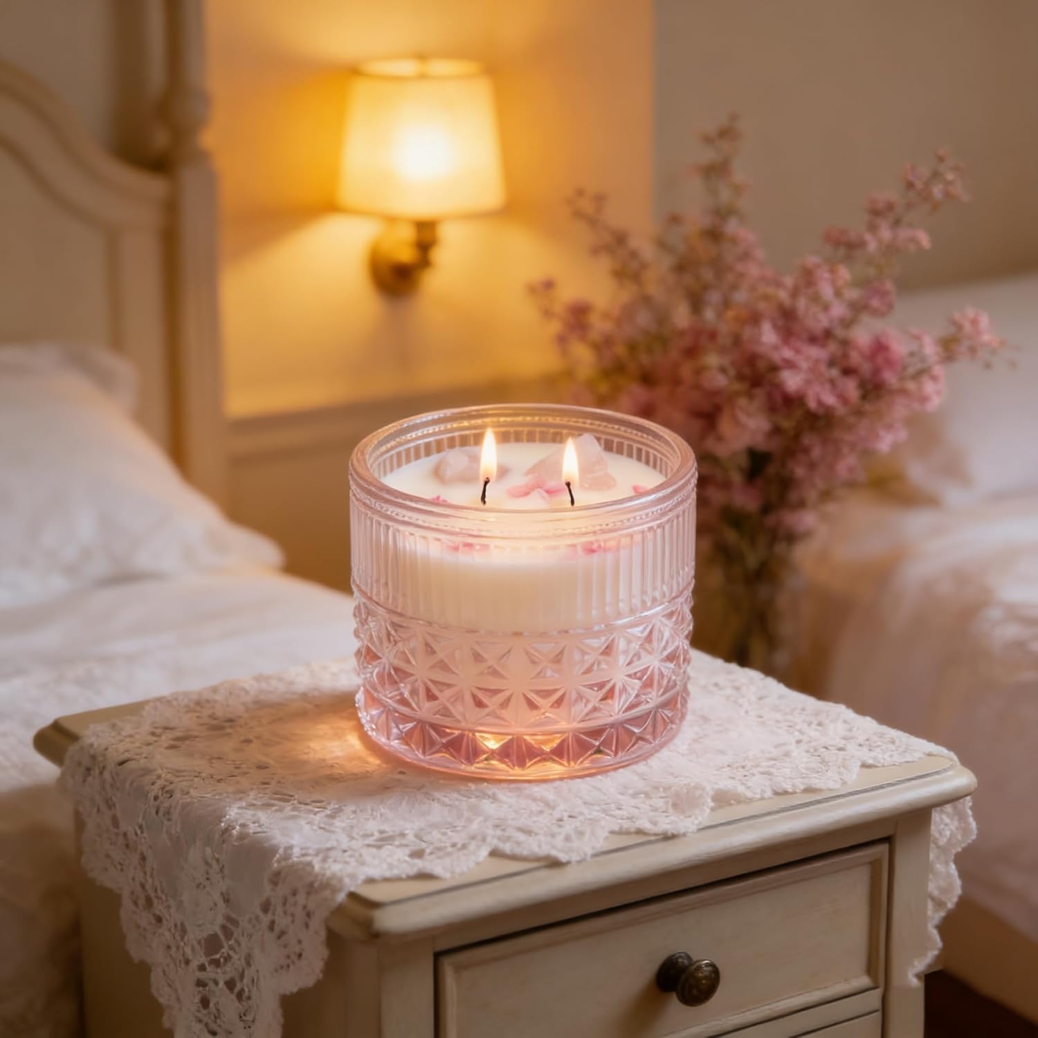 Chloefu LAN Pink Crystal Candles Champagne Bubbles Candle for Home Scented, Non-Toxic, Unique Meditation Spiritual Gifts, 14 oz, Valentines Day Gifts for Her Mom Friends Wife Sister Stocking Stuffers