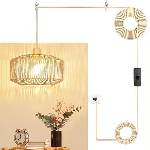 Miniatura 8 de Lámpara colgante de ratán tejido de papel con enchufe, lámpara colgante bohemia rústica para cocina, comedor, dormitorio, entrada, con bombilla