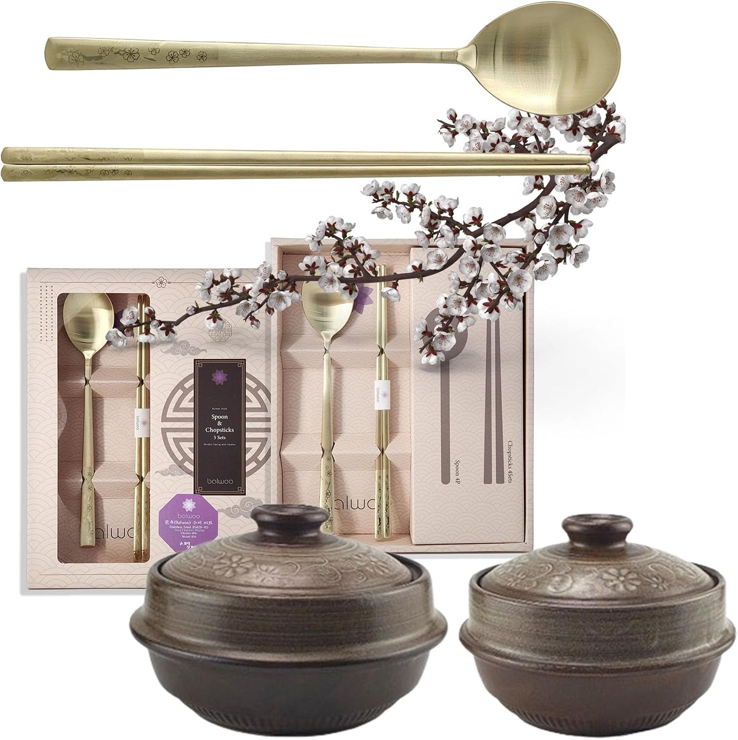 Mud Glaze Cooking Clay Pots [Inlaid] and Apricot Blossom Pattern TITANIUM Plating Spoon Chopsticks Couple 5 Sets