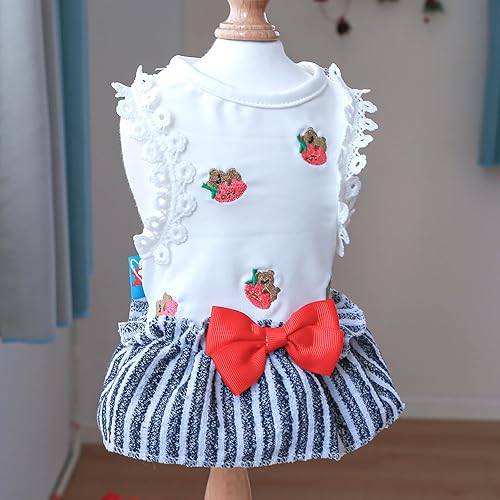 Miniatura 7 de Vestidos de verano para cachorros, elegante, vestido de encaje con lazo, ligero, transpirable, de algodón, ropa de gato para peluche, pomerania,