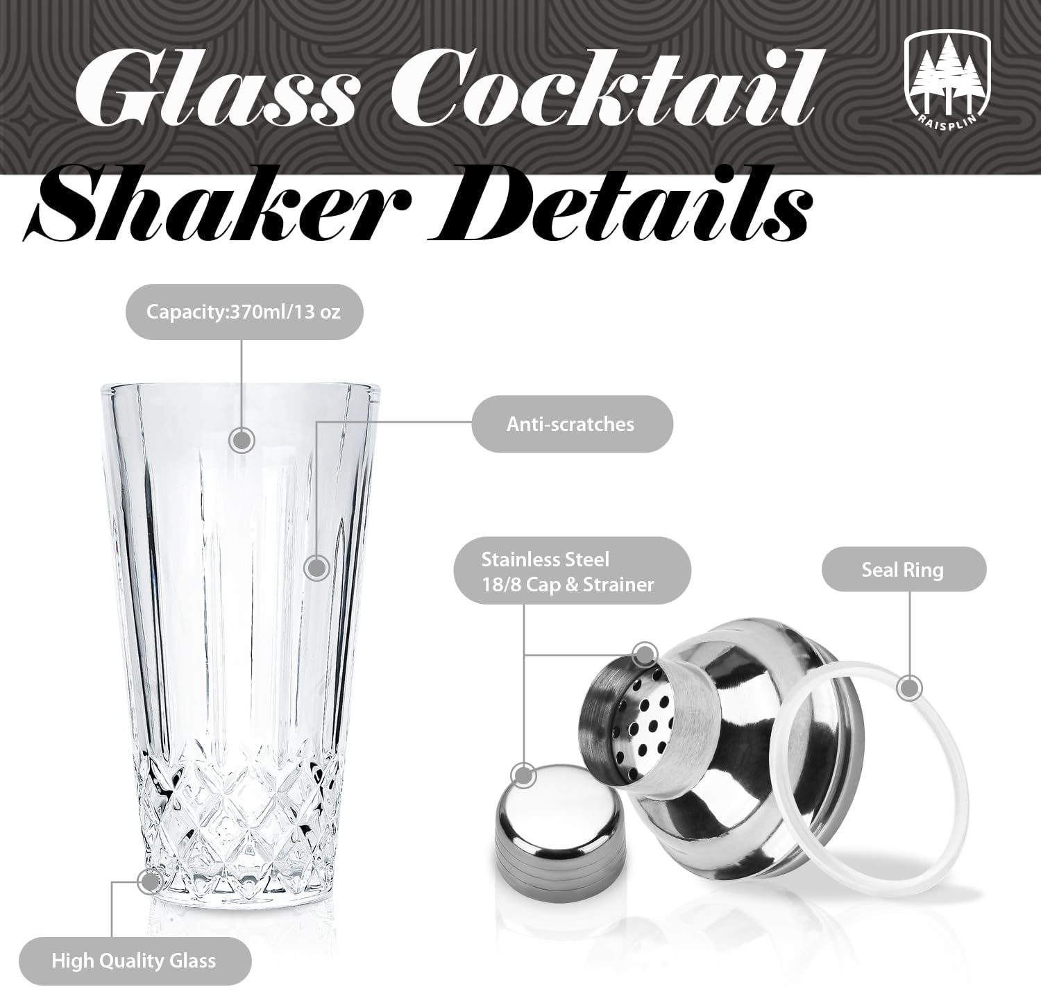 4-Piece Glass Cocktail Shaker Set - Mini Home Bar Bartender Set, Including a Glass Shaker, Extra Long Muddler, 11" Spoon, and Double Jigger - Gold