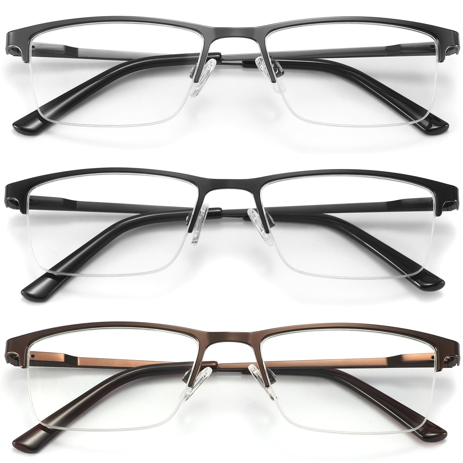 acavefox 3 Pack Blue Light Blocking Reading Glasses Men Readers Anti Glare UV Metal Semi-frame Spring Hinge Lightweight Sturdy Trendy Eyeglasses 1.0+
