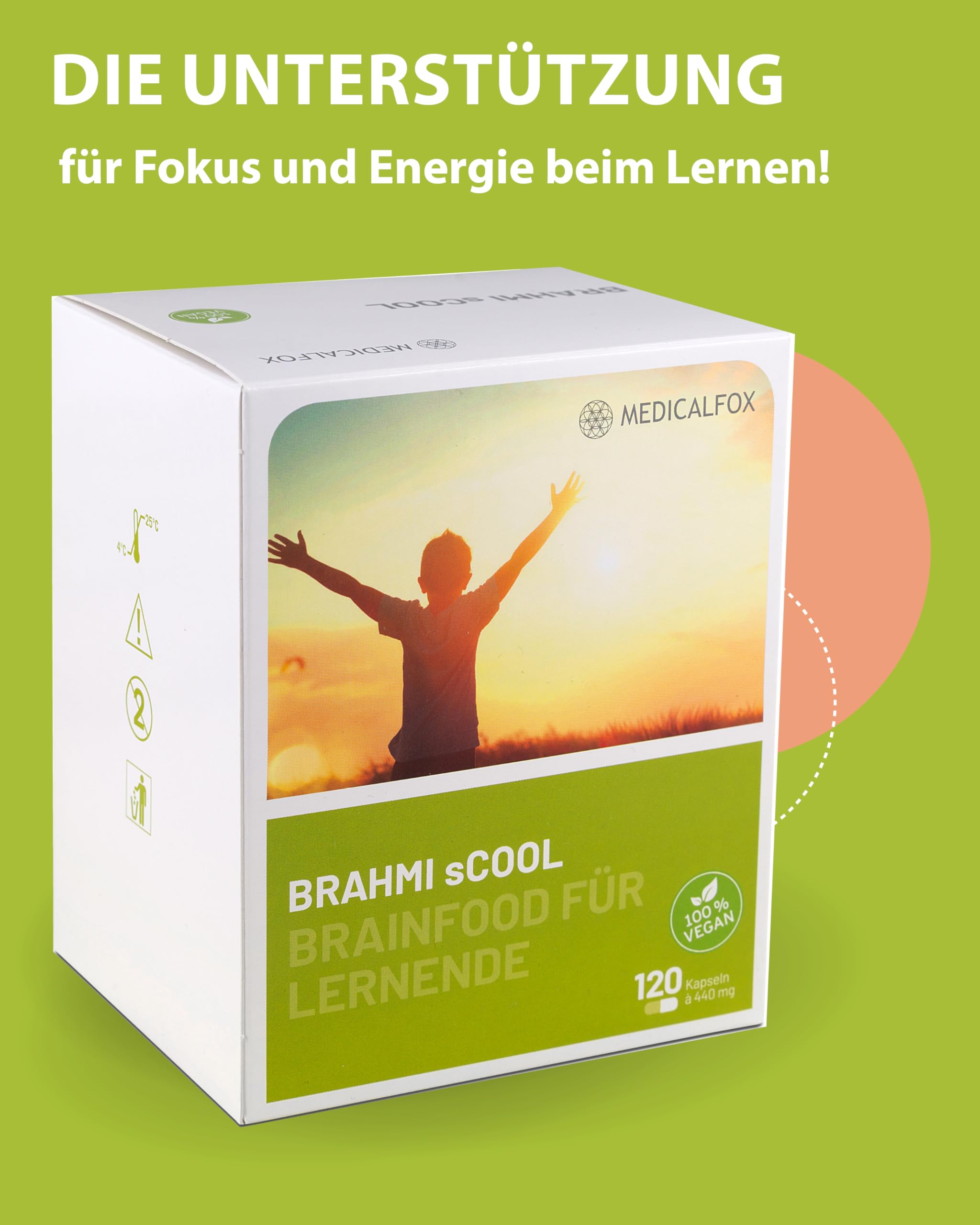 BRAHMI sCOOL Konzentrations- & Gehirn Kapseln zum Lernen 120 Stk. vegan - Mit Vitamin B5 Pantothensäure für normale geistige Leistung, Mit Brahmi, Ginkgo, Gojibeere & Zink, Vitamin C & D