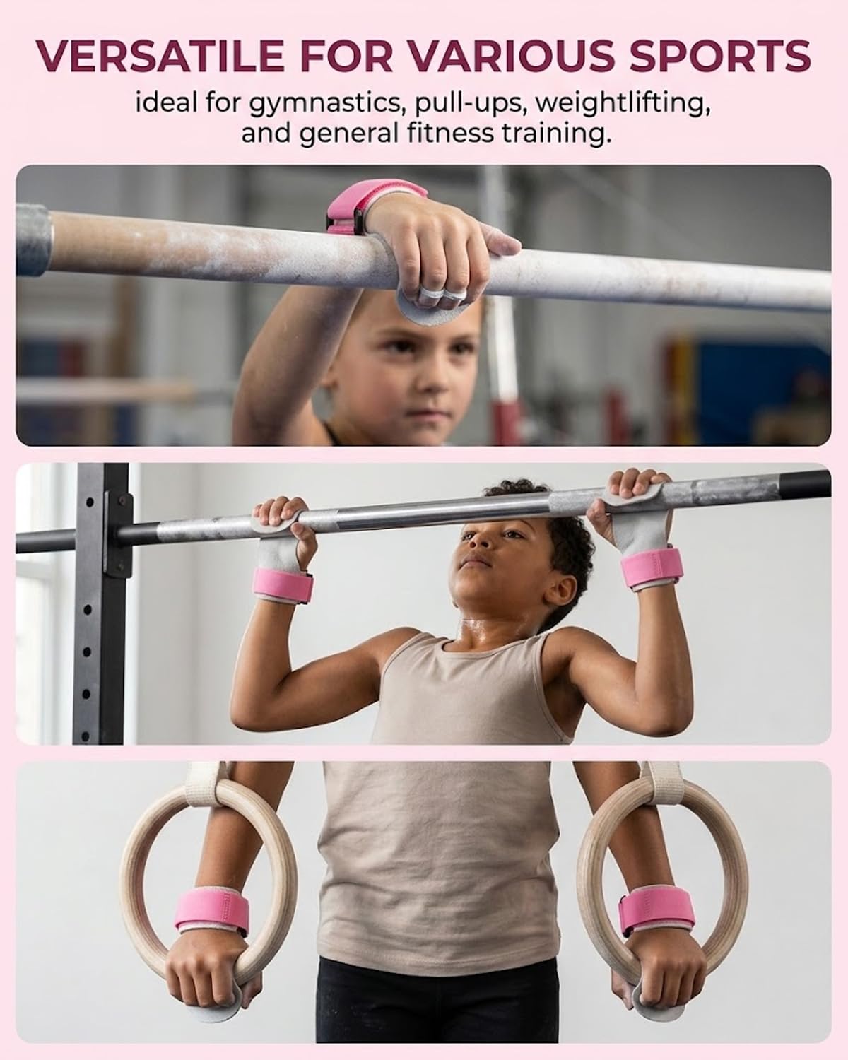 Protezioni Mani Ginnastica Bambini S Rosa 2 Pezzi. Presa Sicura Anti-vesciche per Allenamento Sbarra, Anelli & Calisthenics. Supporto Polso Confortevole.
