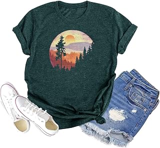 Sunset Pine Tree Tshirt Women Camping Tshirt Retro Sun Print Graphic Tee Casual Short Sleeve Top