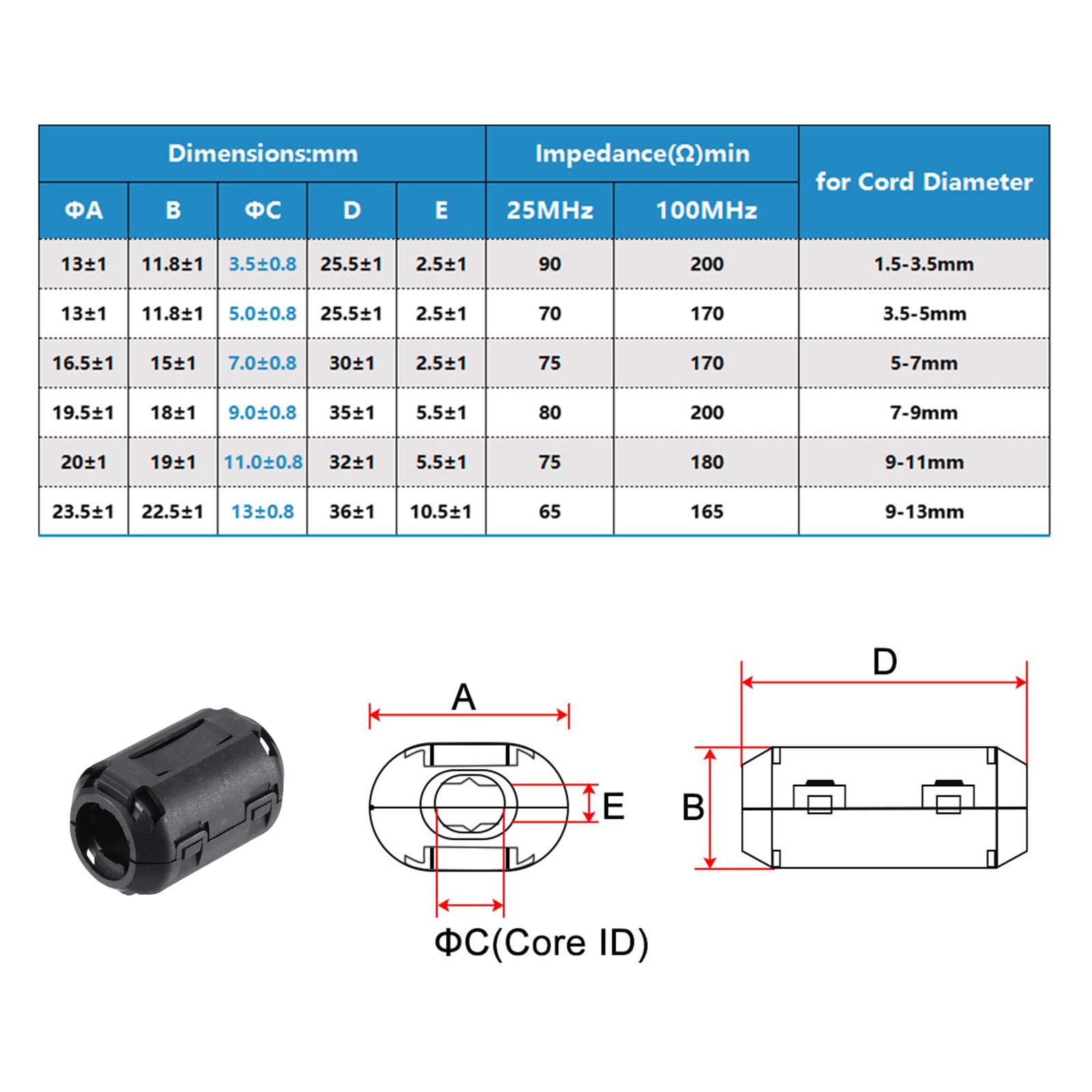 QUARKZMAN Fermo Ferrite Anello Nucleo Anti-interferenza Rumore per 3mm/ 5mm/ 7mm/ 9mm/ 13mm Diametro Cavo TV Altoparlanti Radio Audio Equipaggiamento 60pz