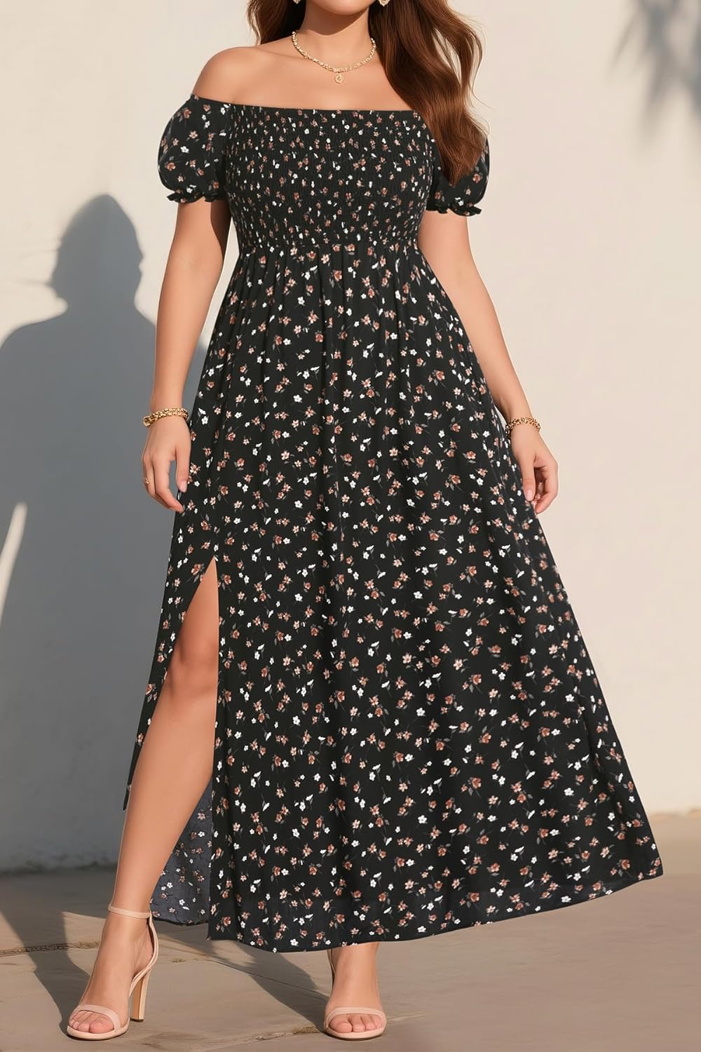 Pinup Fashion Women's Plus Size Summer Maxi Dress Floral Black Off Shoulder Boho Casual Beach Smocked Long Flowy Dresses with Pockets - Image 3