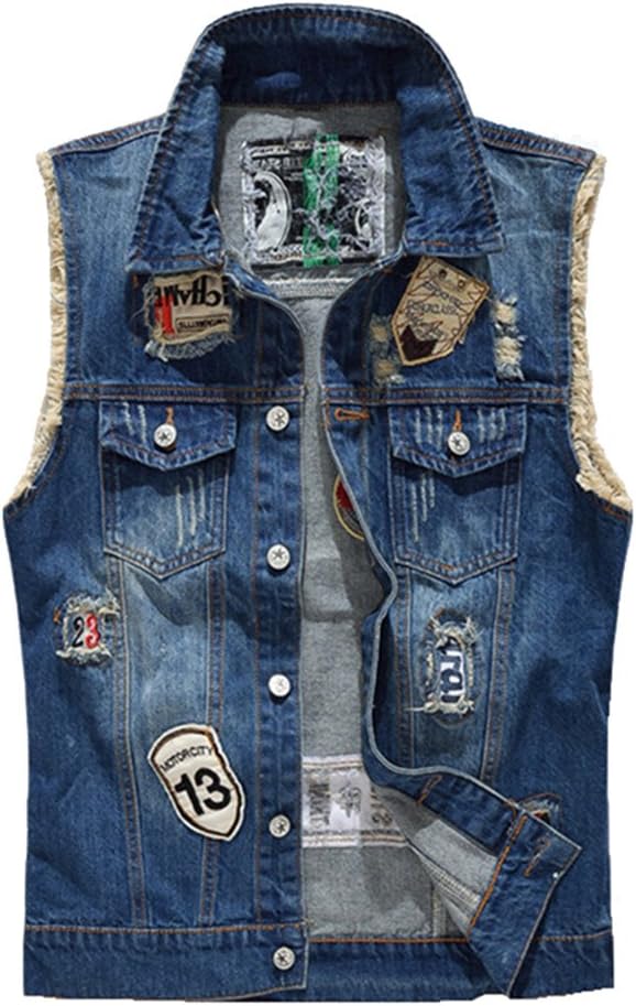 Men's Denim Vest Sleeveless Jacket Patch Designs Ripped Jeans Waistcoat