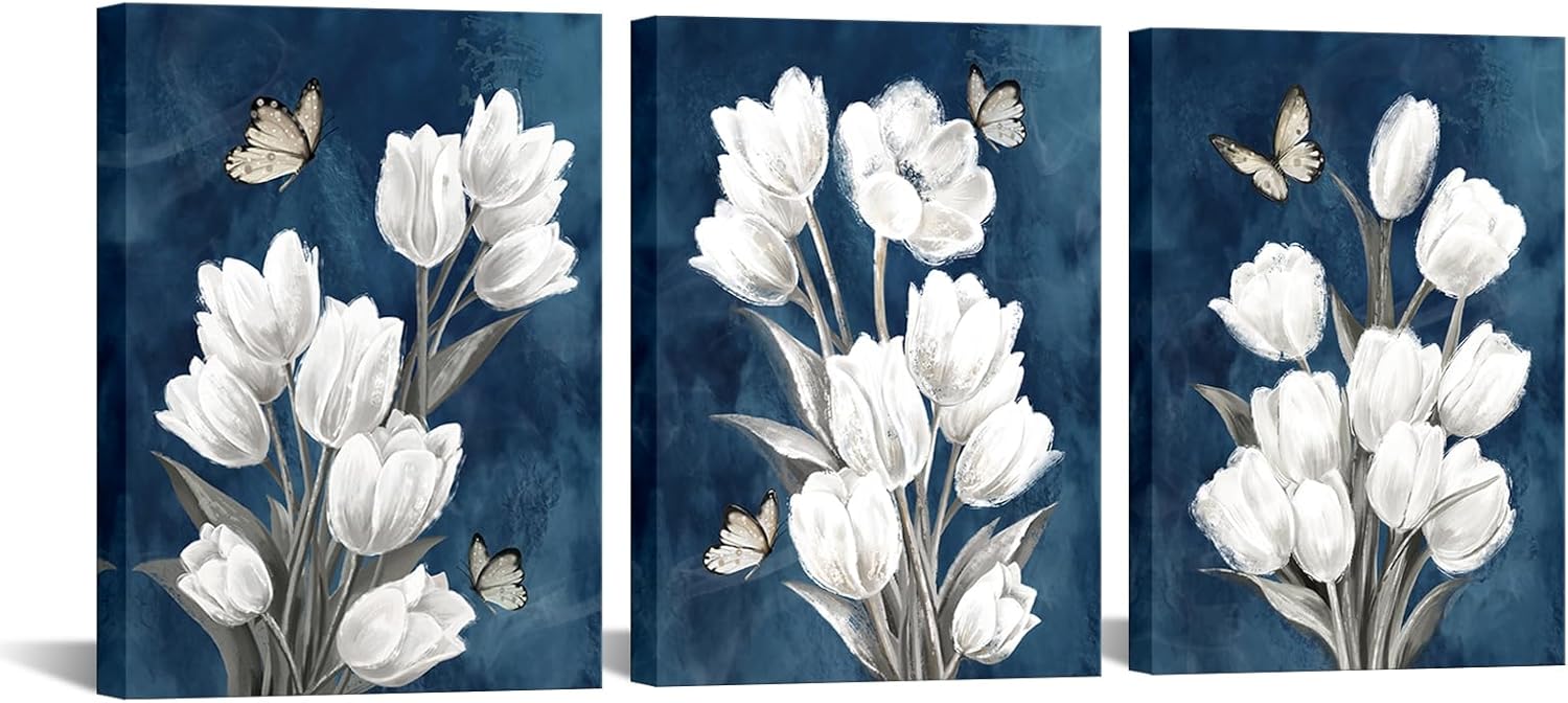 Nachic Wall Blue and White Flower Wall Art Vintage Tulip Painting Bathroom Decor Dark Blue White Floral Canvas Prints