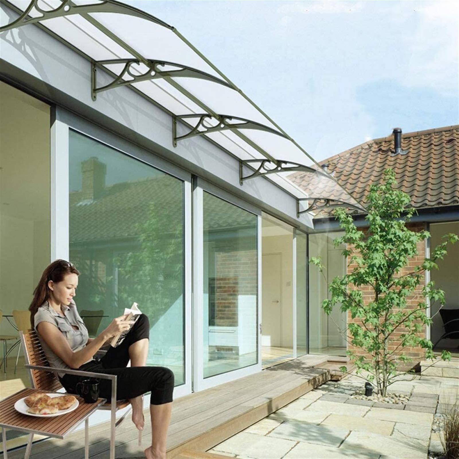Voordeur Luifel Outdoor Luifel, 60 x 60 cm Gebogen Venster, UV Regen Sneeuw Bescherming, Schuilhoes met Accessoires voor Garage Balkon Huis, 27 Maat