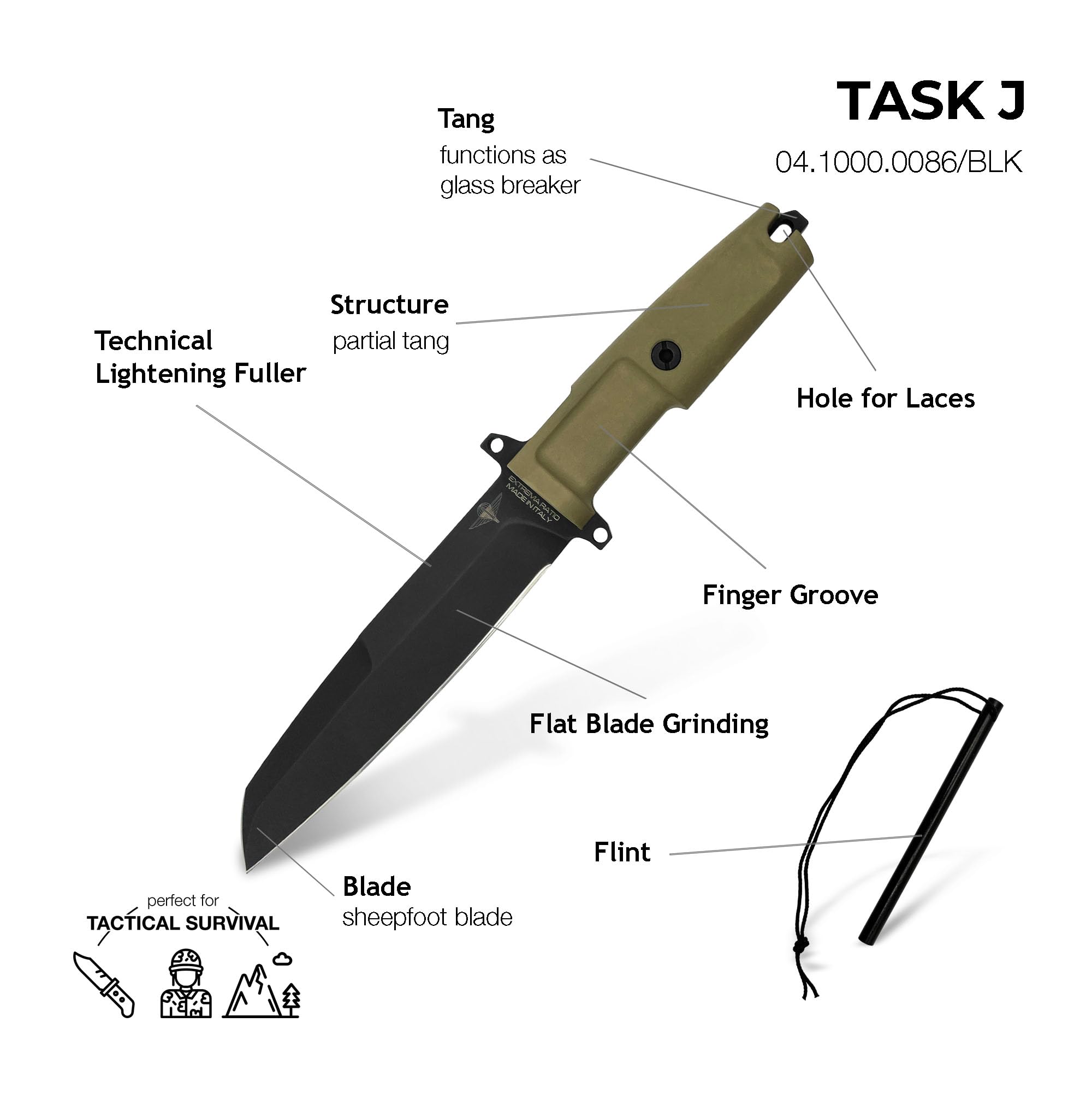 Extrema Ratio - Task J, Fixed Blade Knife, Böhler N690 Steel Blade Hardened to 58 HRC, Stone-Washed Finish, Full-Tang Design, Ergonomic Forprene Handle, Precision Handcrafted in Italy, Durable and Reliable