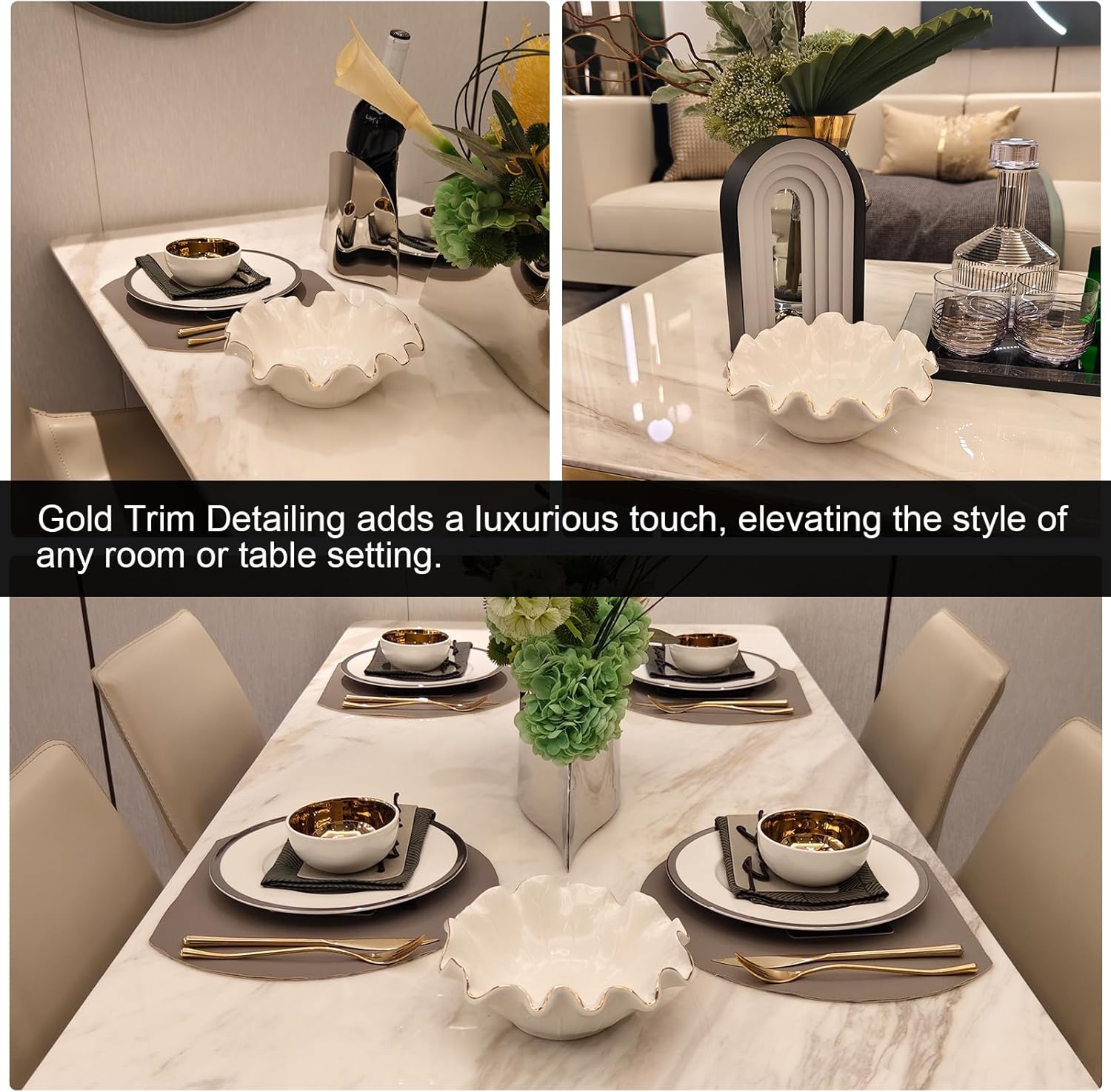 8 Inch Small Lotus Ceramic Decorative Bowl, about15 oz Capacity, Modern Ruffle Lotus Leaf with Gold TrimDesign,Decorative Centerpiece for Entryway Tables, Coffee Tables,Kitchen Counters