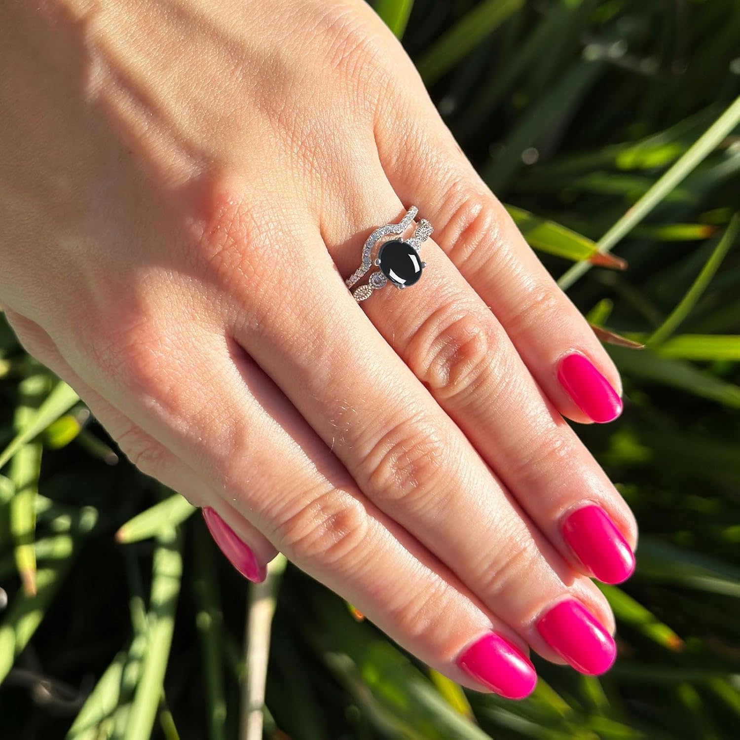 OMRANII Two Piece Oval Natural Black Onyx Solitaire Art Deco Ring Cubic Zirconia Bridal Wedding Set Engagement Rings For Women 925 Sterling Silver Gifts For Her