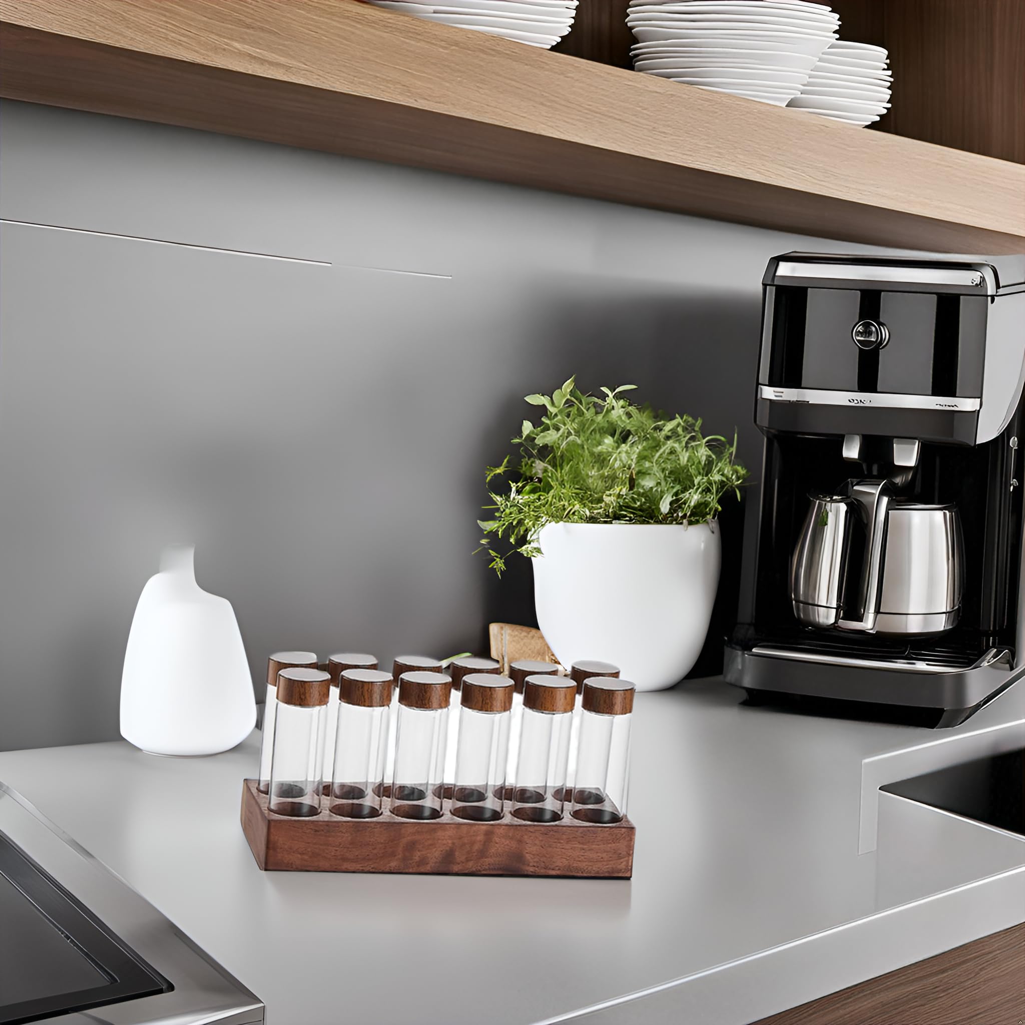 perfk Kaffeedose Dosierung von Kaffeebohnen Aufbewahrungsröhrchen, Luftdicht Kaffeebohnen Behälter Kaffeebohnen-Aufbewahrungsbehälter, Holzhalterständer für die Barküche und Küche, 22g