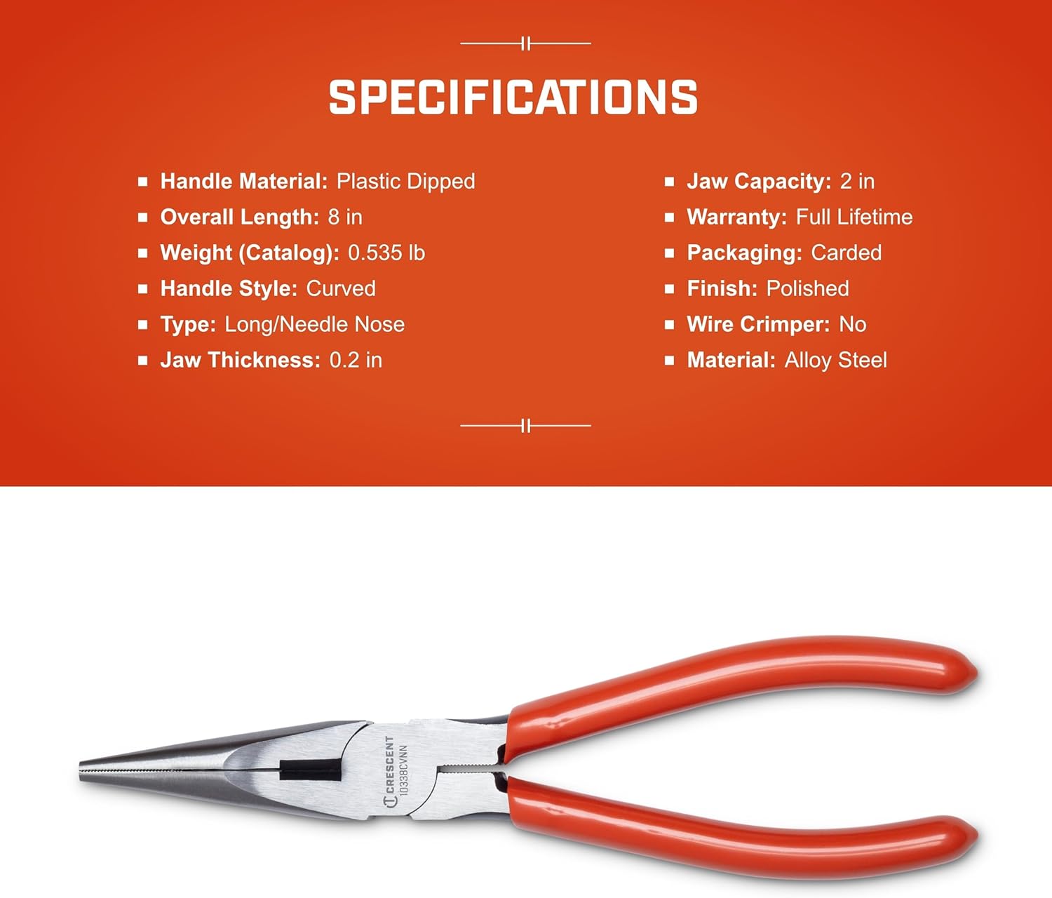 Crescent 8" Long Chain Nose Pliers Dipped Grip - Electrician Tools for Wire Bending, Cutting, Repair - Easy Reach in Confined Areas - 10338CVNN