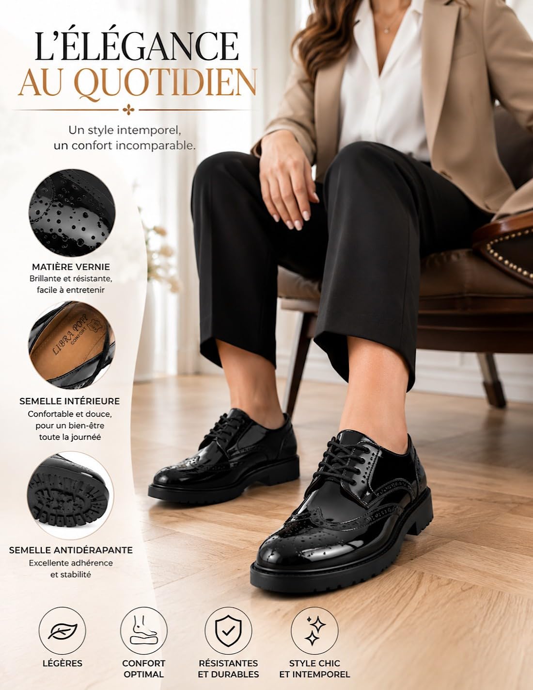 Derbies Vernies Elegante Donna Suola Pelle Tacco Quadrato